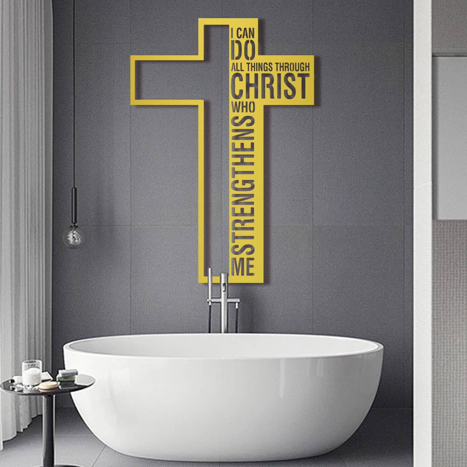 Nowoczesna minimalistyczna sztuka metalowa dekoracja ścienna Mogę zrobić wszystko przez znak Chrystusa Jezus Filipian Krzyż 4:13 Inspirujące (Złota 33" x 47" / 83 120 cm)