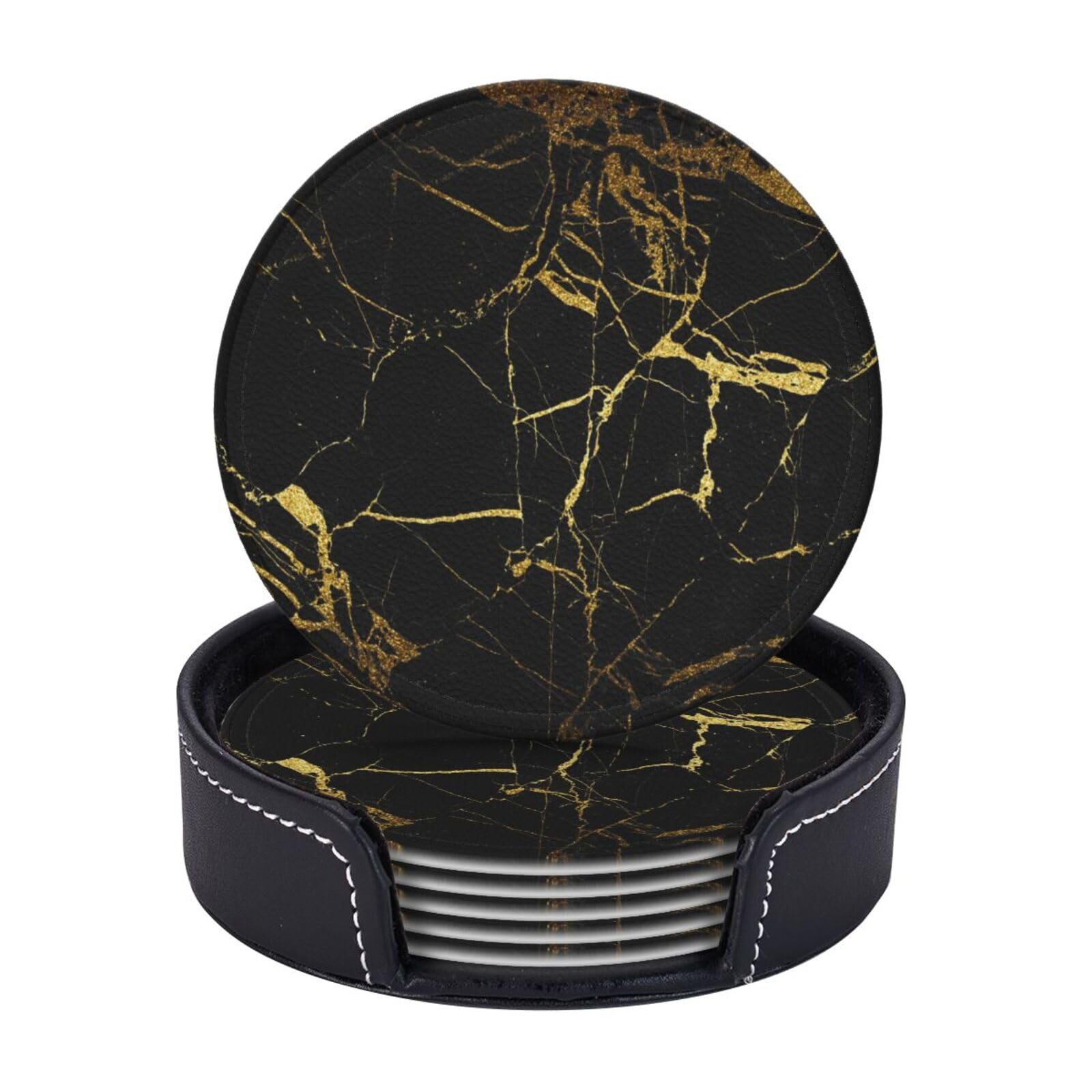 AUGUSTRUSH Round PU Leather Coasters Set of 6, Black marble Print coaster with Storage Box, Heat-Resistant Non-Slip Drink Pads for Kitchen Desk Office Dining Table