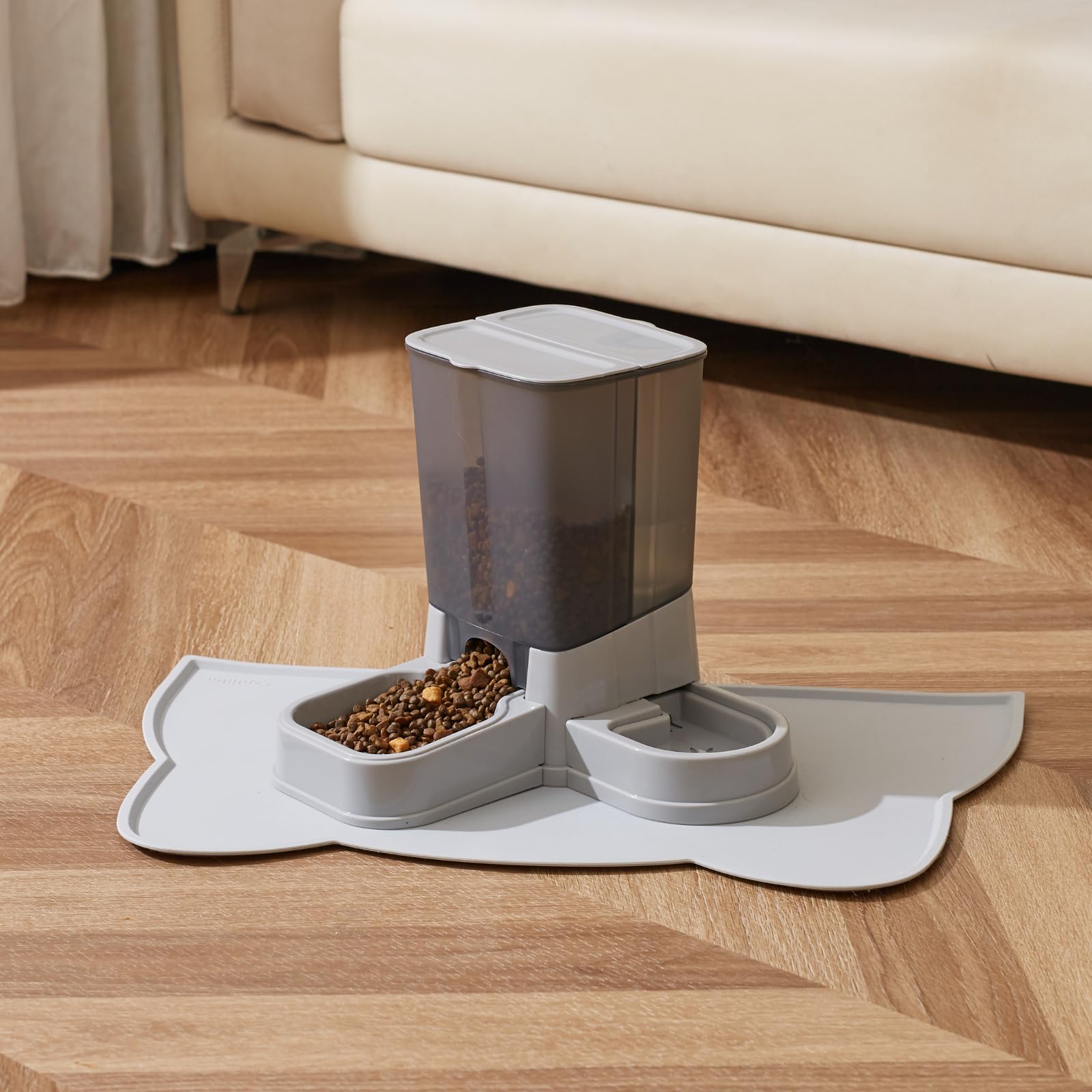Automatischer Katzenfutterspender, 2-in-1 Abnehmbarer Schwerkraft-Futter- und Wasserspender für Katzen und kleine Hunde (Grau)