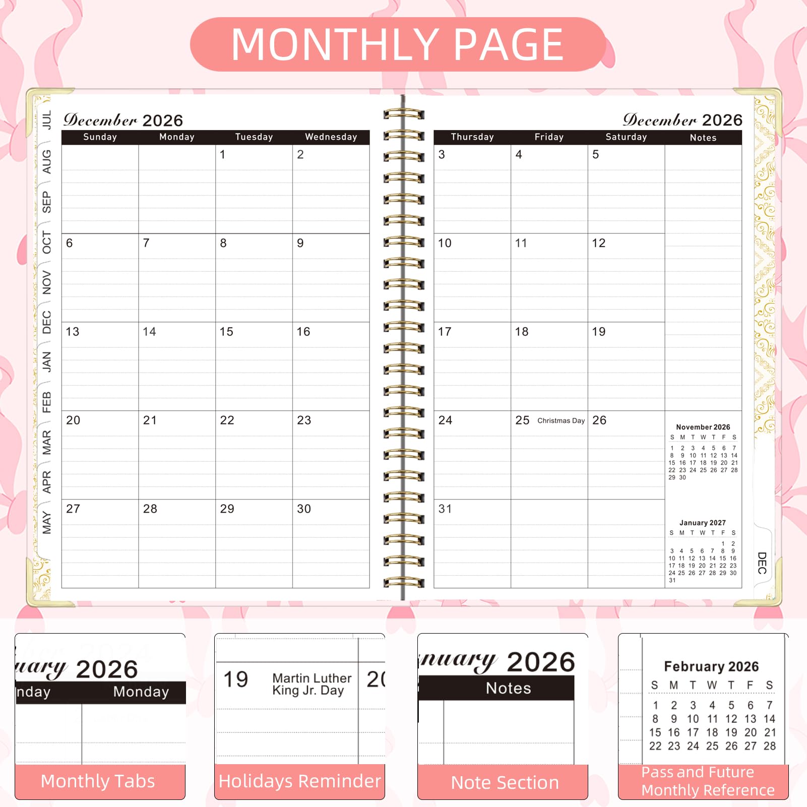 Knagsfa 2026 Monthly Planner, Jan.2026 - Dec.2026 Weekly Monthly Planner 6.25"x8.5" with Page Tabs, Calendar Hardcover with Inner Pocket, Elastic Band, Twin-Wire Binding, Bookmark, Love Heart Bow - Image 3