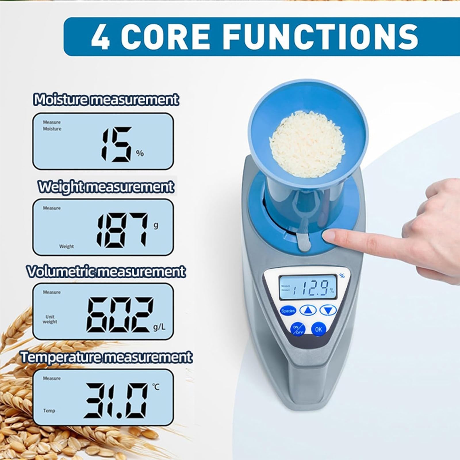 Misuratore di umidità digitale portatile 4 in 1, adatto per 35 tipi di cereali come grano, mais, riso, chicchi di caffè, per agricoltori e personale addetto alla lavorazione degli alimenti