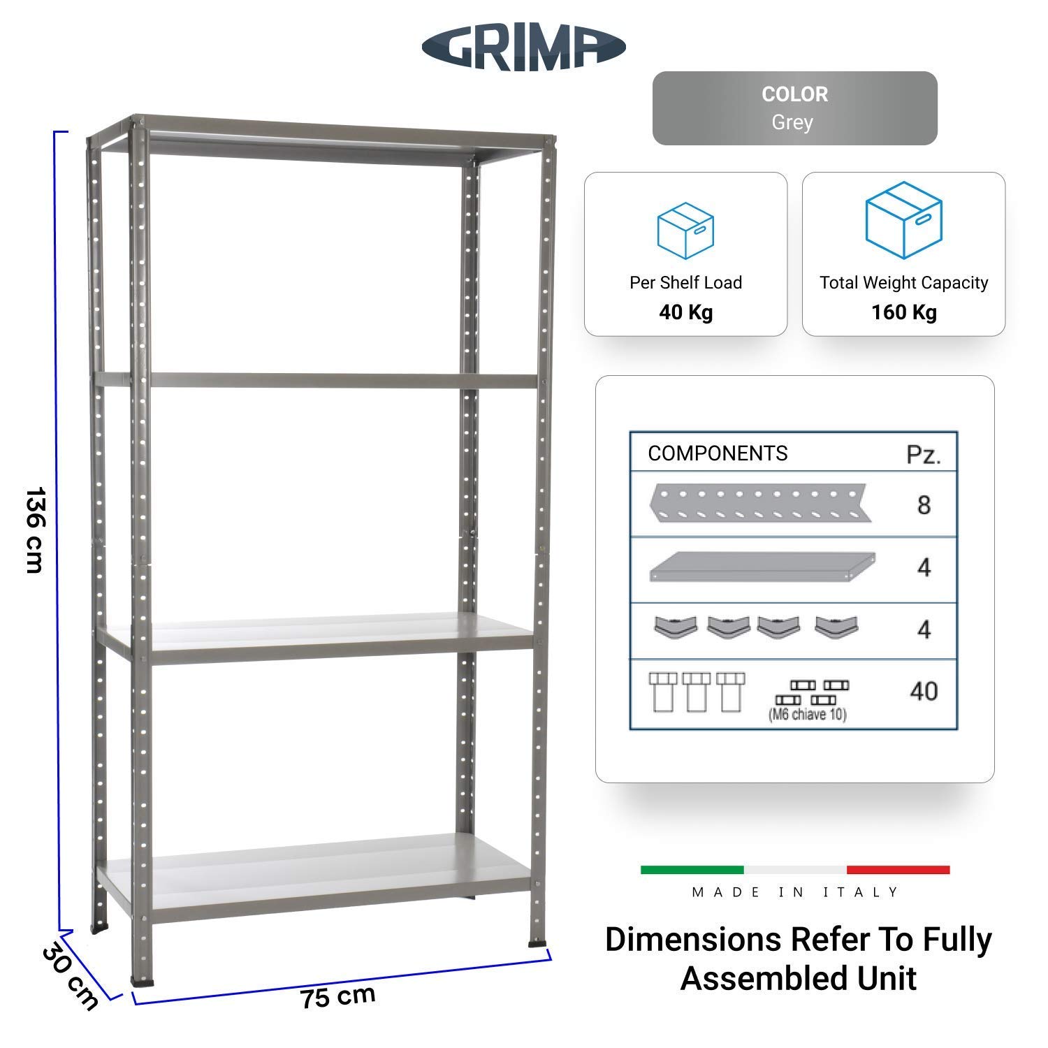GRIMA Offerta Speciale Confezione Doppia, Confezione Super Conveniente con 2 (due) ripiani completi - dim 75X30x136cm, 4 ripiani regolabili (40 kg per ripiano, totale 160 kg) Ripiano in Metallo