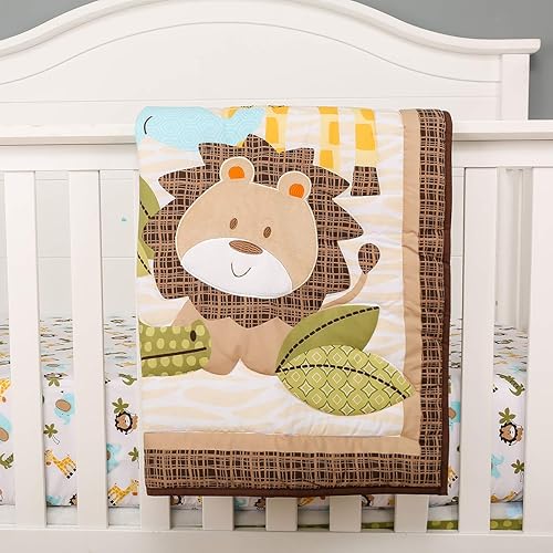 Brandream Juego de ropa de cama de cuna de selva para niños y niñas, juego de guardería de safari edredón de bebé con estampado de elefante, león,