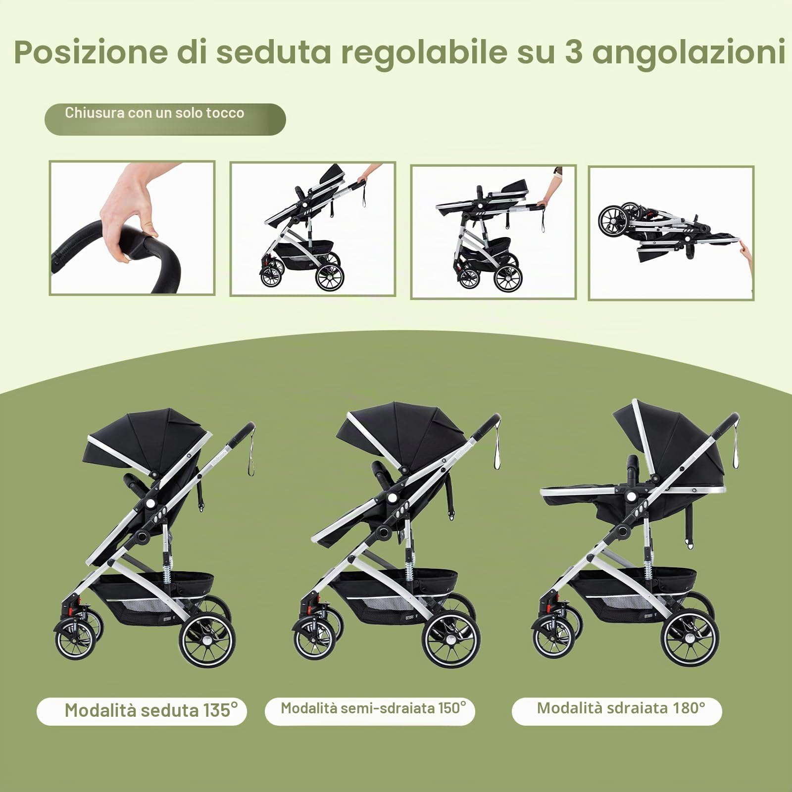 Gcarebb Passeggino 3 in 1 con seggiolino auto, portatile, con un clic, pieghevole, con telaio in alluminio, per neonati da 0 a 4 anni