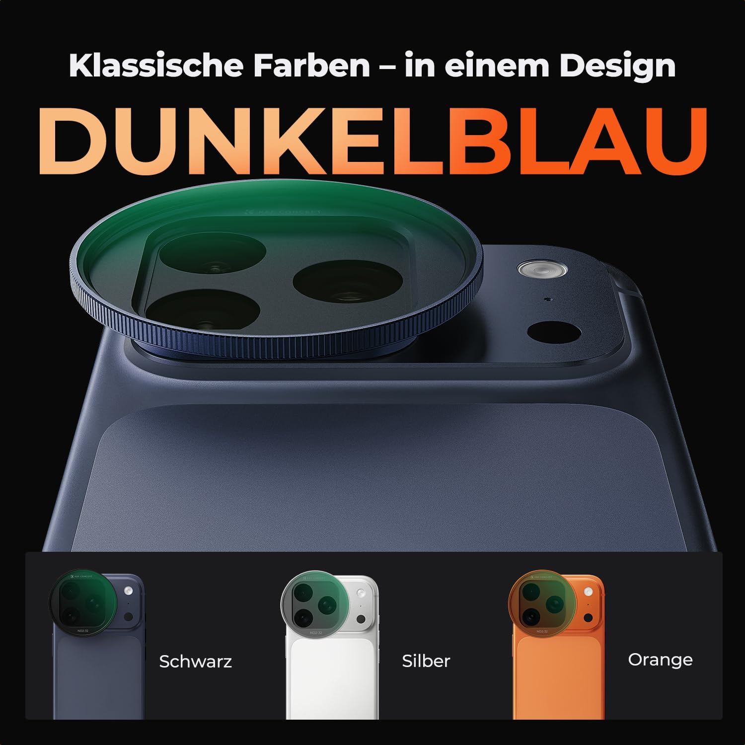 K&F CONCEPT FA301 Snap-On ND2-32 Filter kompatibel mit iPhone 17 Pro/Pro Max, 11,2g extrem Leichter VND-Filter mit Snap-On Deco-Halterung, AGC-Glas mit 28-Schichten-Beschichtung, dunkelblau