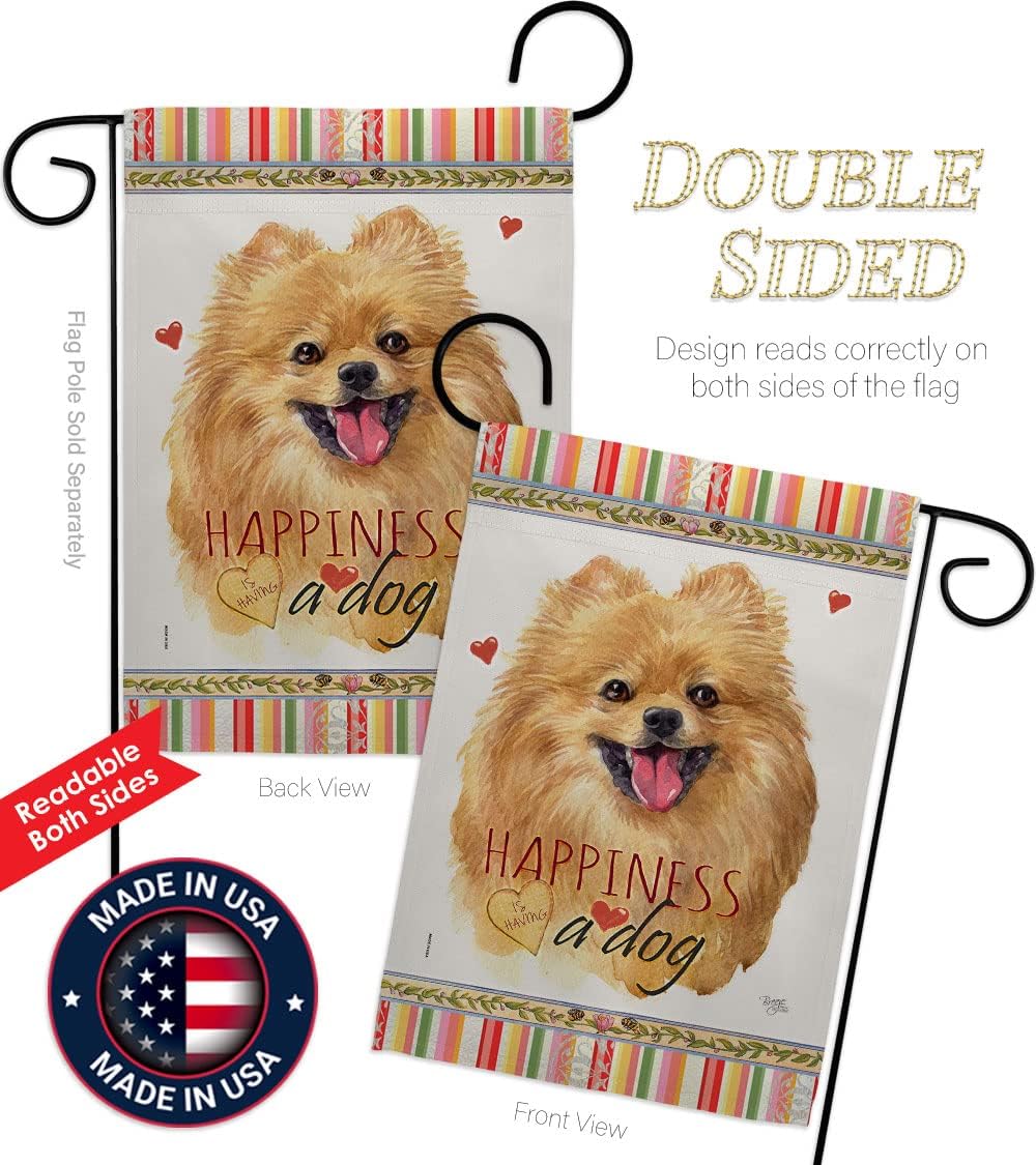 Breeze Decor Pomeranian Happiness Garden Flag Set with Stand Dog Puppy Spoiled Paw Canine Fur Pet Nature Farm Animal Creature House Banner Small Yard Gift Double-Sided, Made in USA