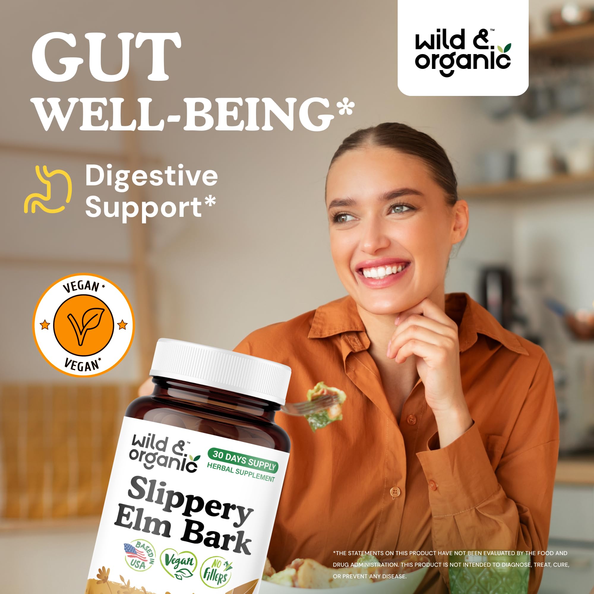 Wild & Organic Slippery Elm Capsules 1000 mg - Digestive, Lung & Women's Support - Slippery Elm Bark Supplement - Ulmus Rubra Powder - 30 Days of Supply - Vegan, No Fillers, Non-GMO - 60 Count