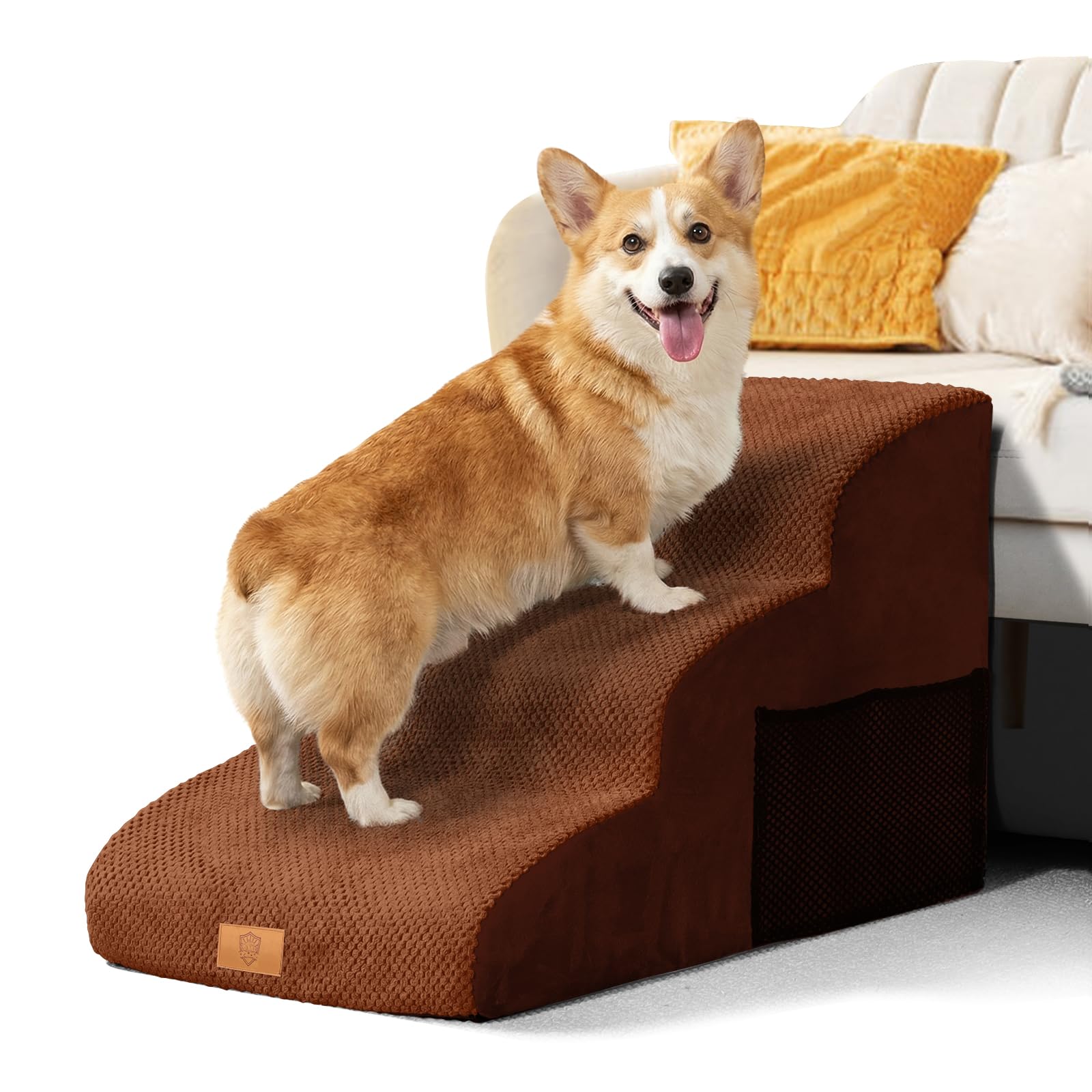 Masthome Dog Steps for Bed Sofa, 3-Step Dog Stairs with Washable Cover, Non-slip High Density Foam Dog Ladder for Small Dogs Cats, 57 x 40 x 40cm