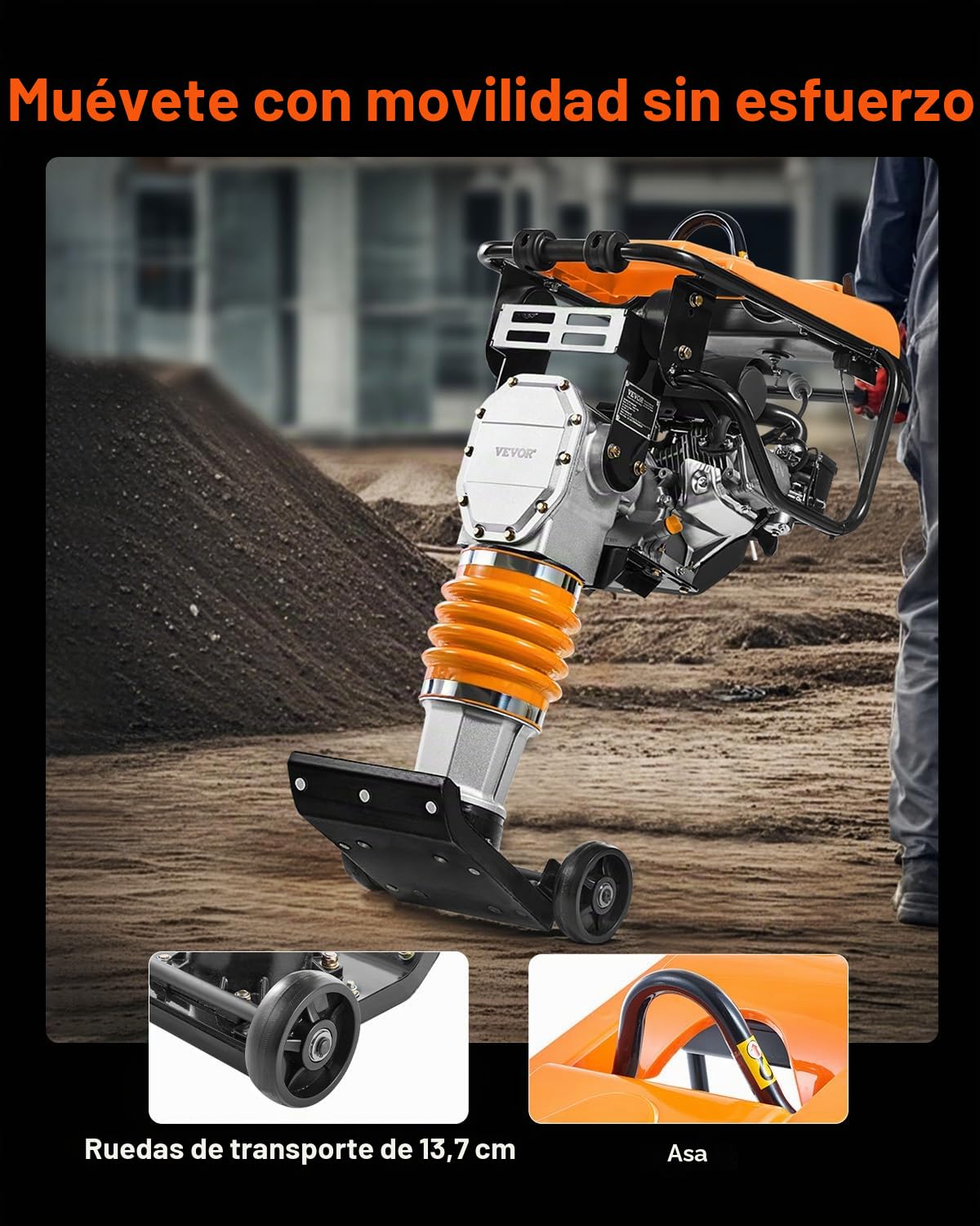 VEVOR Compactador de Gato de Salto Apisonador Vibratorio 6,5 HP con Motor de 196cc a Aombustible Fuerza de Impacto de 1632 kg para Suelo, Grava, Cimientos, Losas de Hormigón, 740 x 465 x 1080 mm