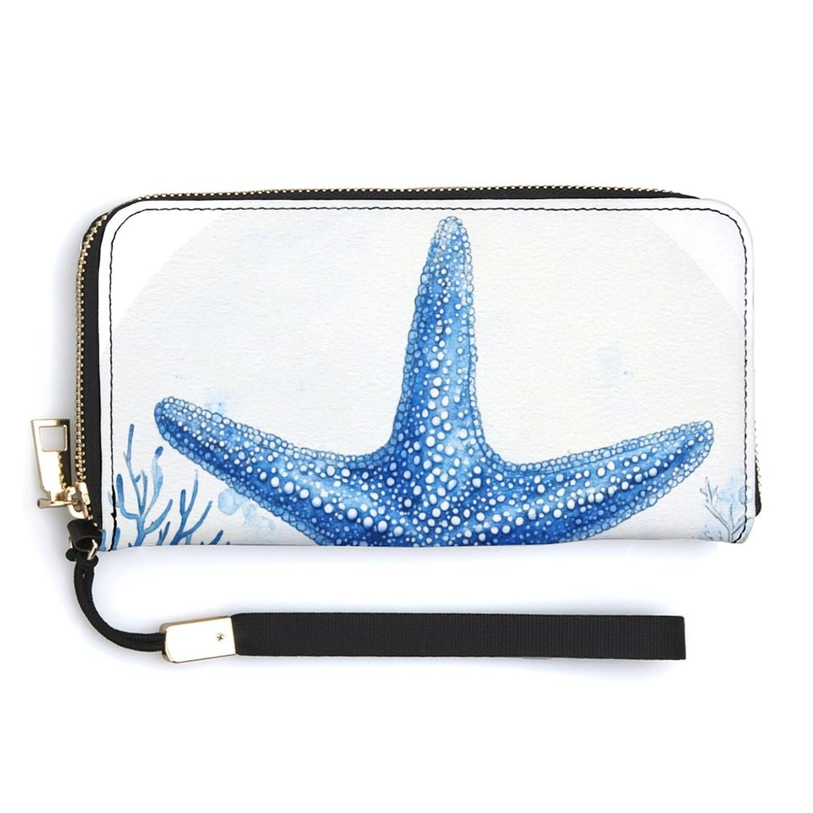 Watercolor Starfish PU Leather Clutch Long Bifold Wallet, Coin Purse Credit Pass Case, Durable Card-Holder Money Storage for Women Men