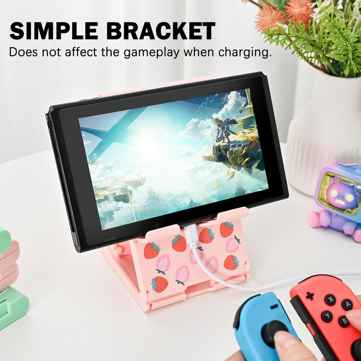 DLseego Stand Suitable for Switch 2/OLED/Lite, Angle Adjustable Holder Kickstand, Portable Foldable Non-Slip Non-Shake Kawaii Bracket with 4 Height Settings - Pink Strawberries - Image 6