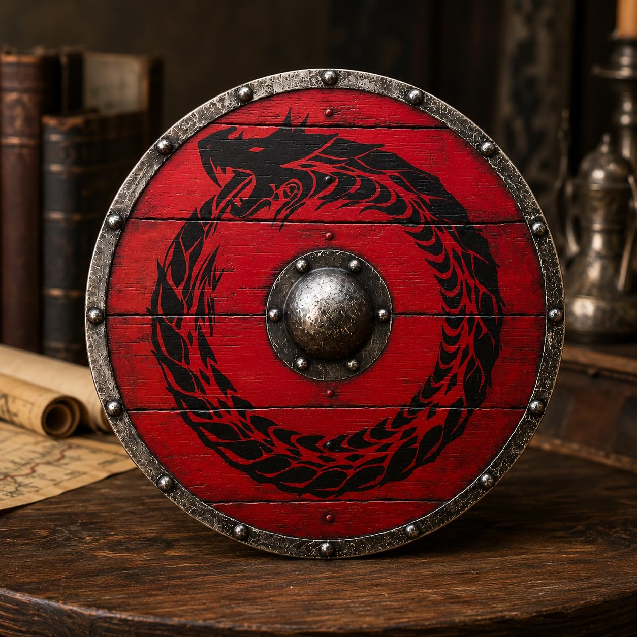 24 Pollici da Collezione Medievale Drago Battaglia Guerriero Scudo di Legno Holloween Regalo Vichingo Armatura Rotonda Templare Scudo