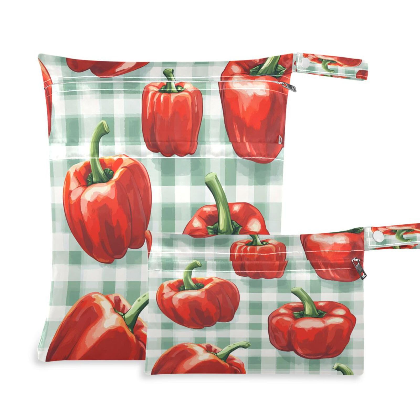 ATTX Red Bell Peppers Wet Dry Bags 2-Pack - Reusable Cloth Diaper Storage for Travel, Beach & Gym | Multi-Use Waterproof Bags for Swimsuits, Baby Clothes, Sports Gear#540