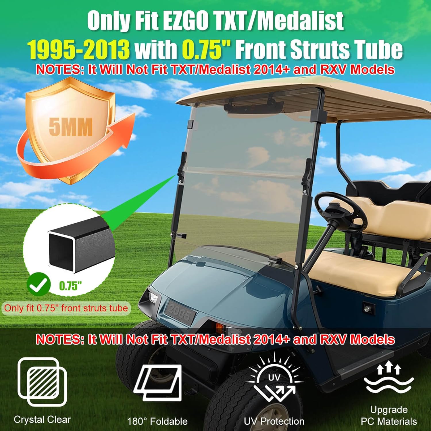 5MM Thick Upgrade PC Foldable EZGO Golf Cart Windshield with Heavy Duty Hinges Only Fit for 1995-2013 EZGO TXT/Medalist with 0.75" Struts Rail, Anti-UV Impact Resistant Golf Cart Windshield