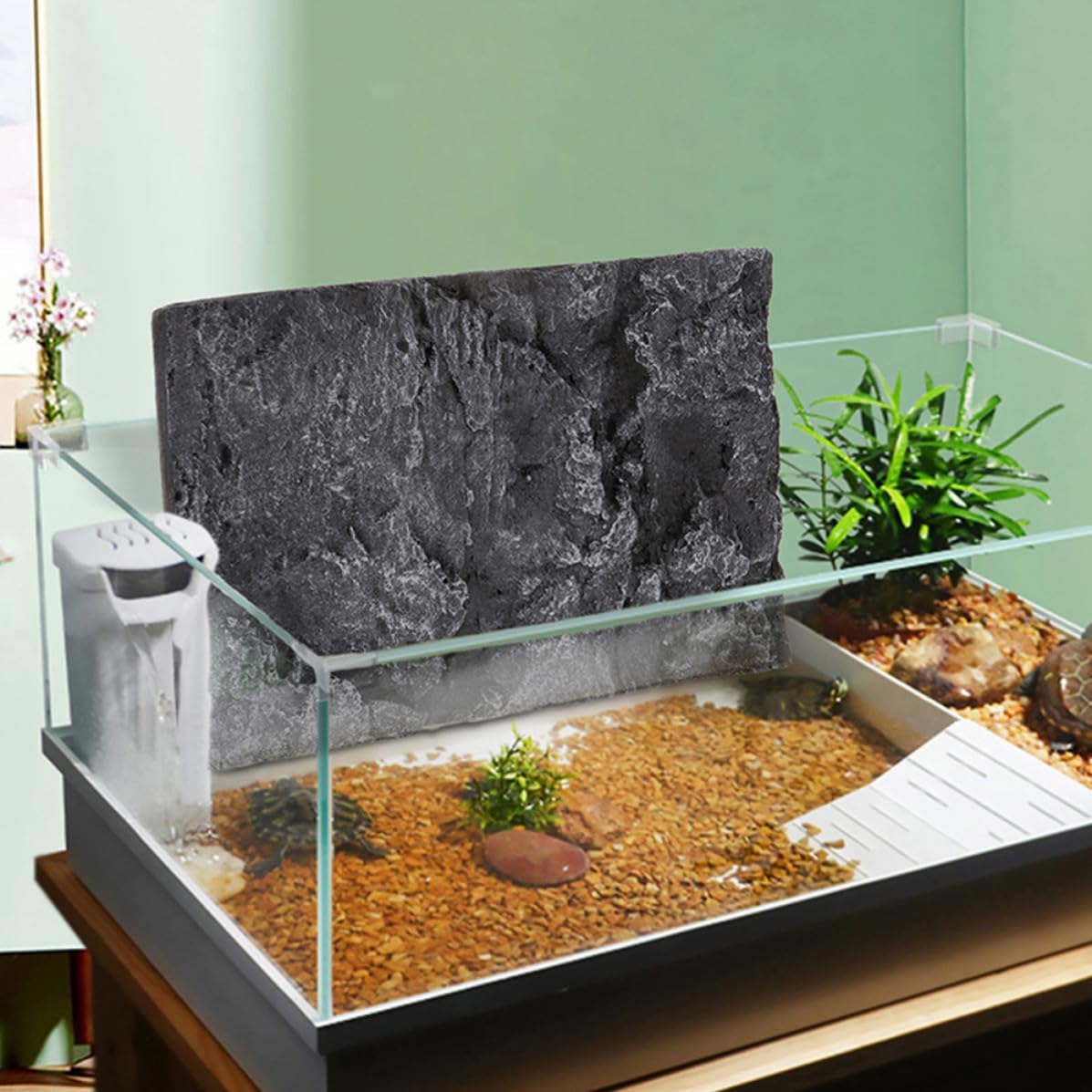 2 Piezas Fondo de Acuario 3D de Roca PU Negro para Tanque y Pared