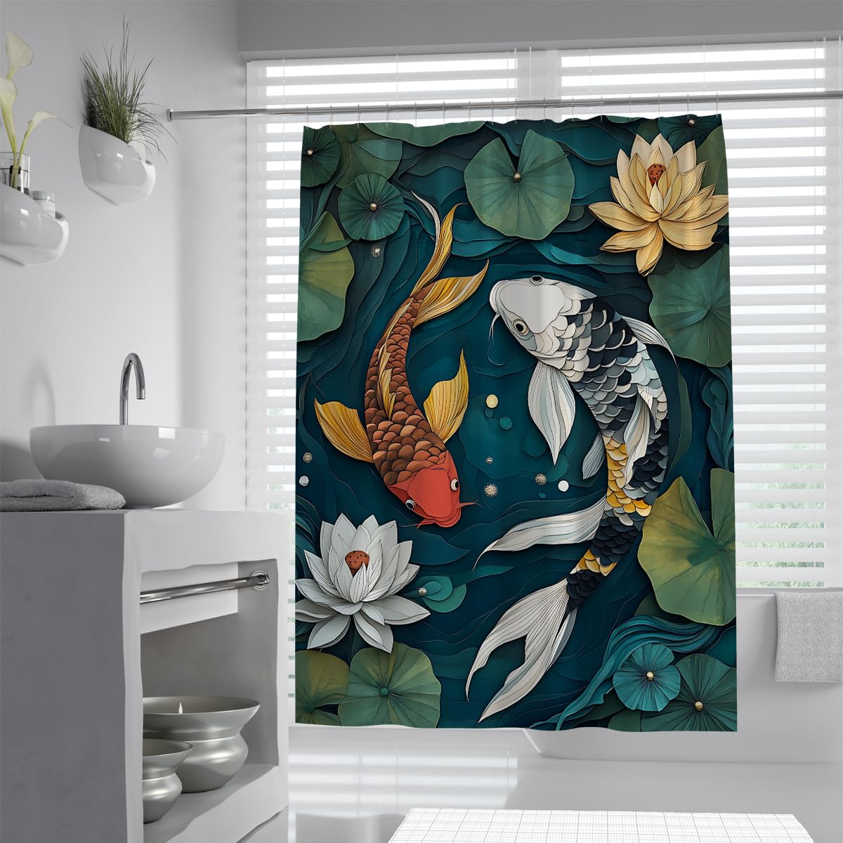 Uiringart Shower Curtains Swimming Carps Bath Curtain W200xl220cm Layered Paper Art Pond Vegetation White Lotus Background Mold Resistant Quick Dry Washable Bathroom Curtains For Bathtub With Hooks
