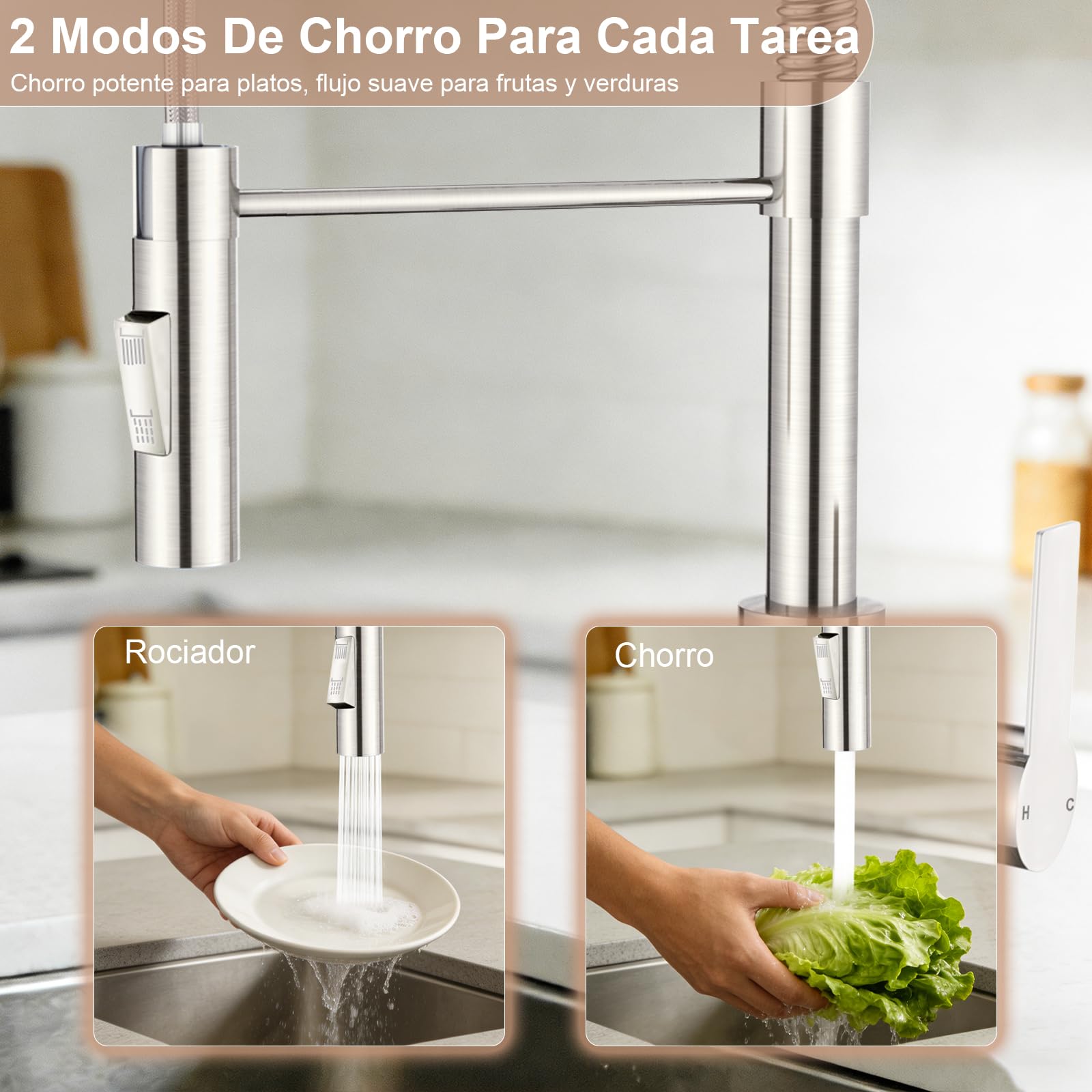 Grifo Cocina, Moderno Grifo Cocina Extraible con Ducha de 2 Modos y 360° Giratorio, Caño Alto para Grifos Cocina Fregadero, Mezclador Monomando, Acero Inoxidable Cepillado