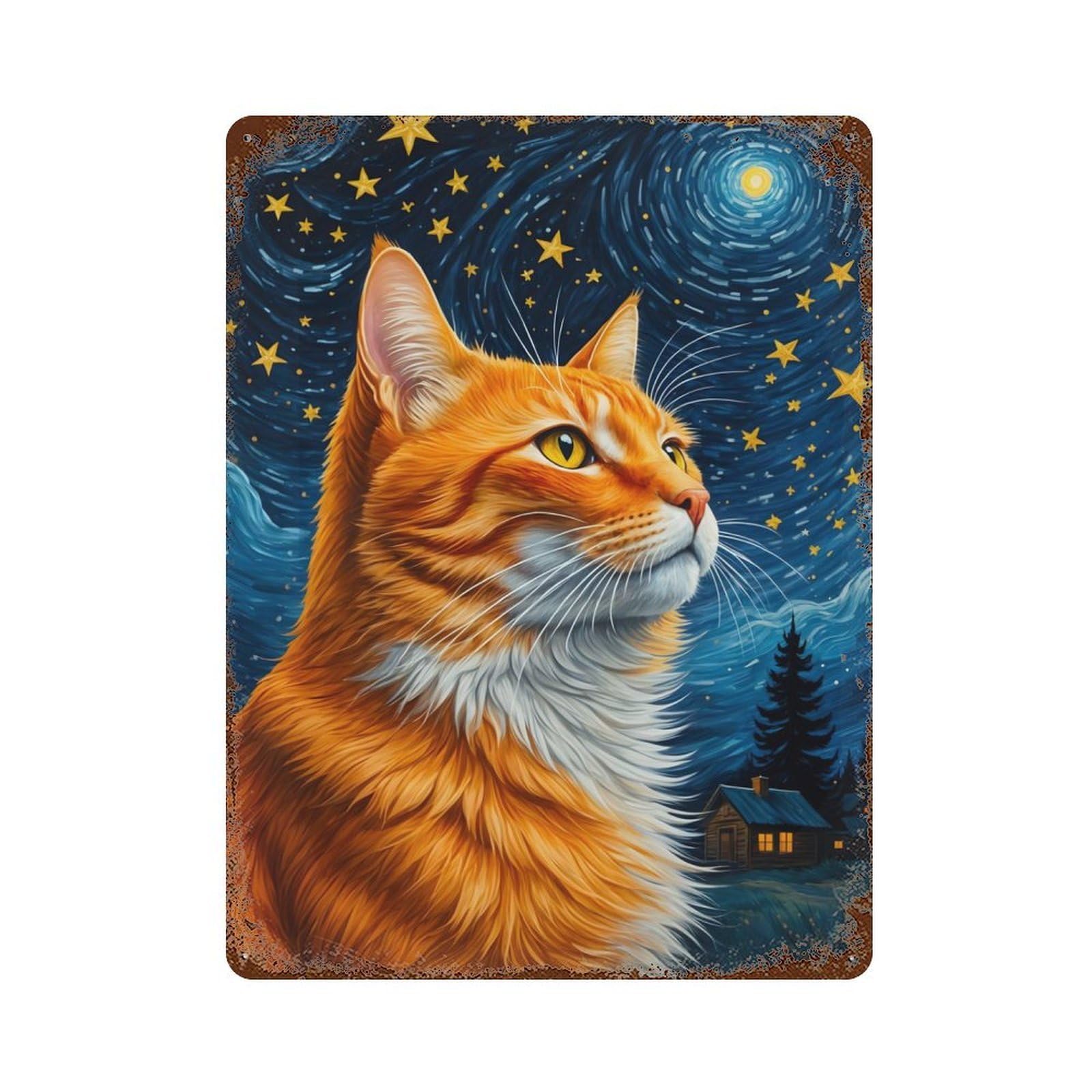 Rust Effect Orange Cat Starry Night Weathered Tin Sign 15.7"x11.8", Novelty Wall Decor for Office, Studio And Wall Decor