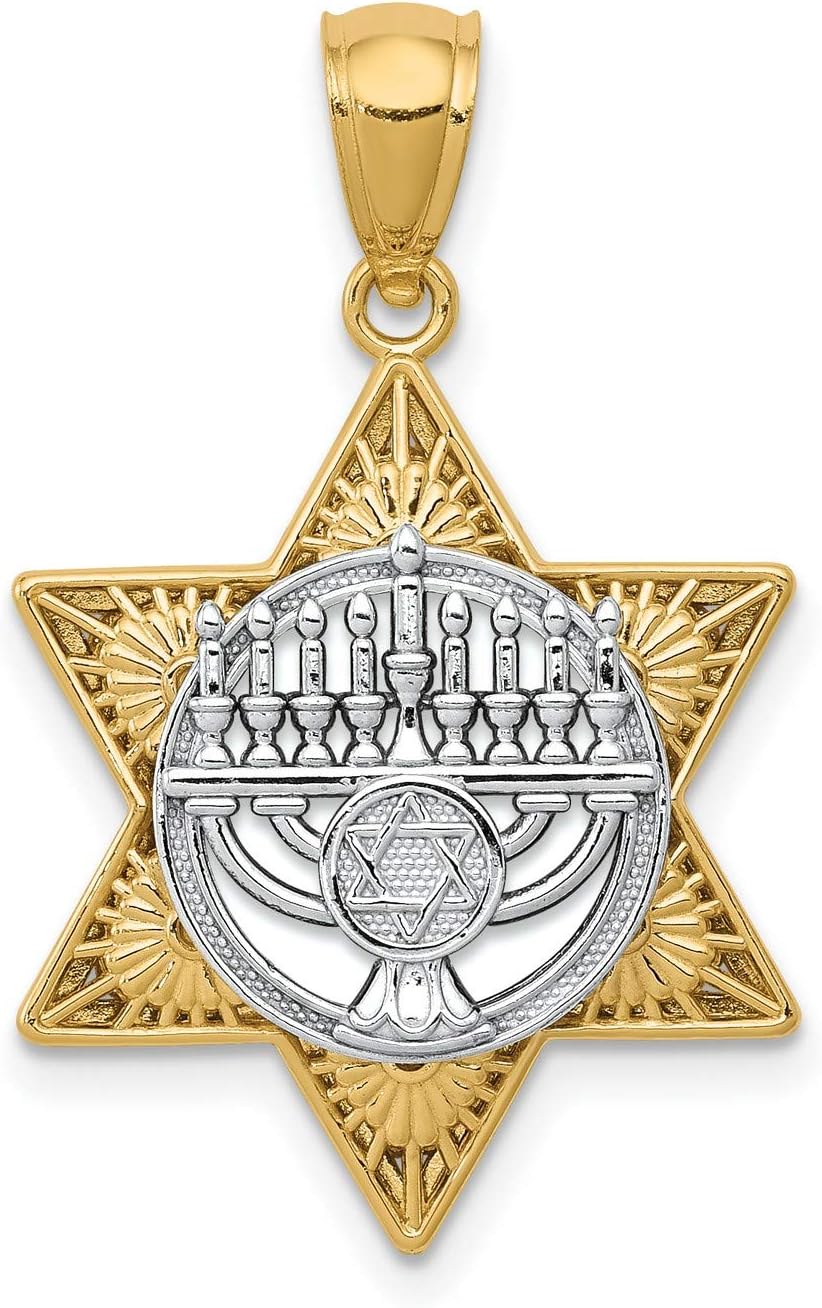 14k Two-Tone Gold Jewish Star Pendant with Menorah Design, Religious Faith Symbol Necklace, Gold Judaica Jewelry for Men and Women, Hebrew Spiritual Charm for Hanukkah and Daily Wear 25 mm x 17 mm