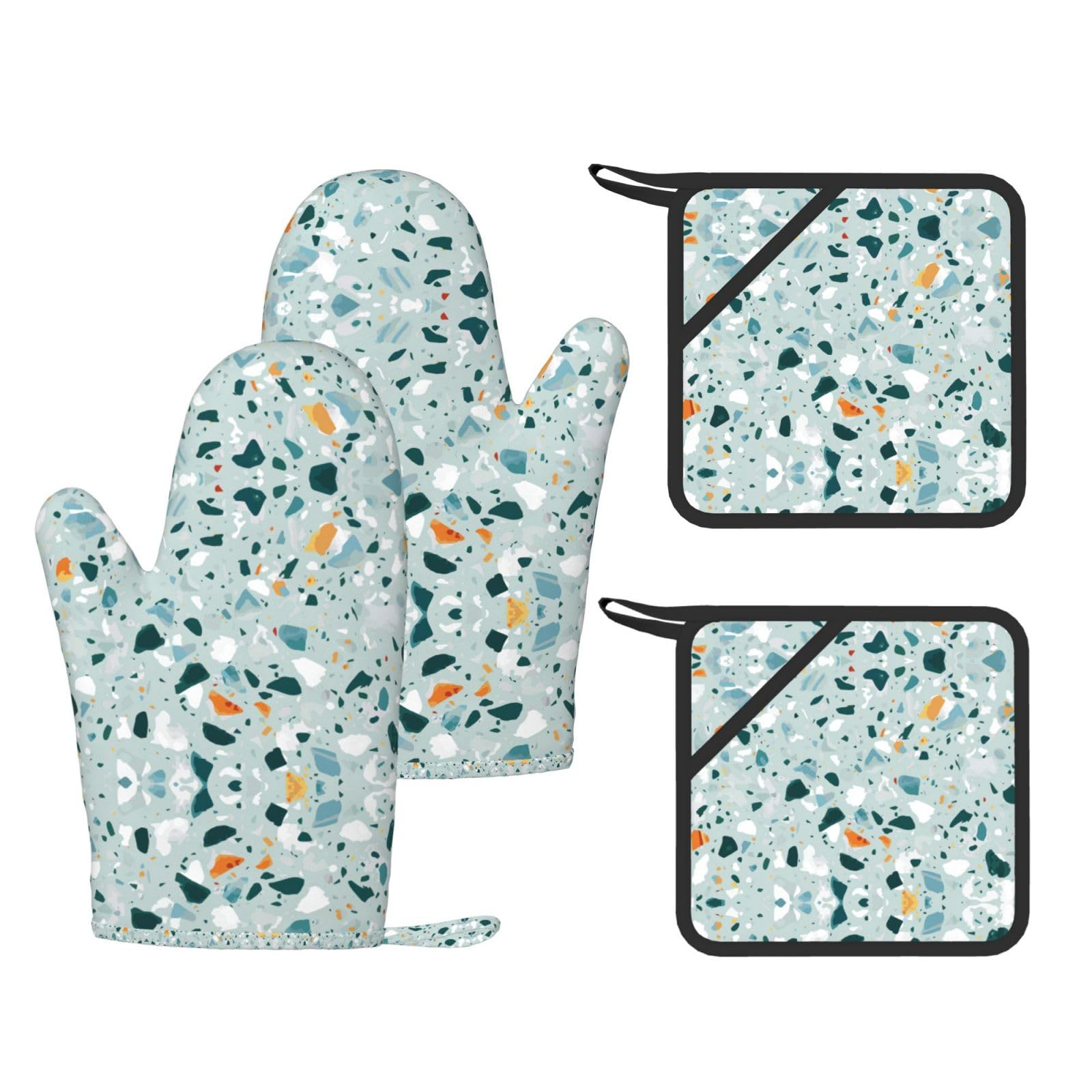 Terrazzo Marble Pastel Printed Pot Holders and Oven Mitts 4-Piece, Non-Slip Kitchen Gloves with Utensil Pocket for BBQ