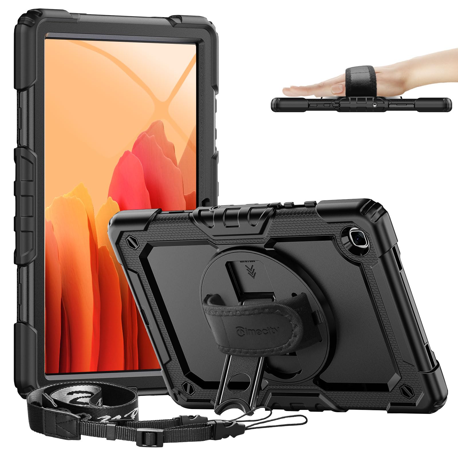 Timecity Case for Galaxy Tab A7 10.4 Inch 2020, SM-T500/ T505/ T507/ 2022 SM-T503/509, Durable Sturdy Case with Screen Protector Swivel Stand Hand Shoulder Strap Full-Body Drop-Proof - Black