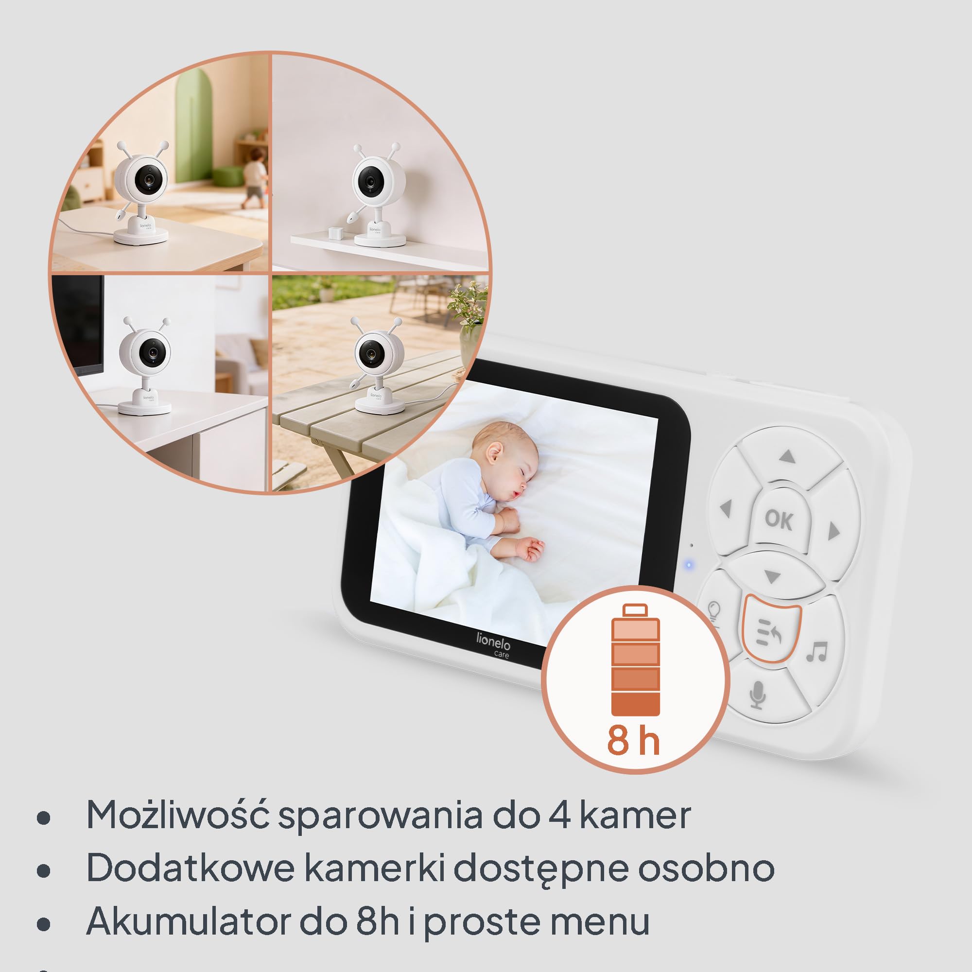 Lionelo Babyline 3.4 Wideoniania Niania Elektroniczna z Kamerą bez Wi-Fi z Nocną Noktowizją, LCD 3,5 Cala, VOX i Interkom, Zoom 4x, Alarm Płaczu i Temperatury, Kołysanki, Kabel 2,8 m, Bateria 3000 mAh