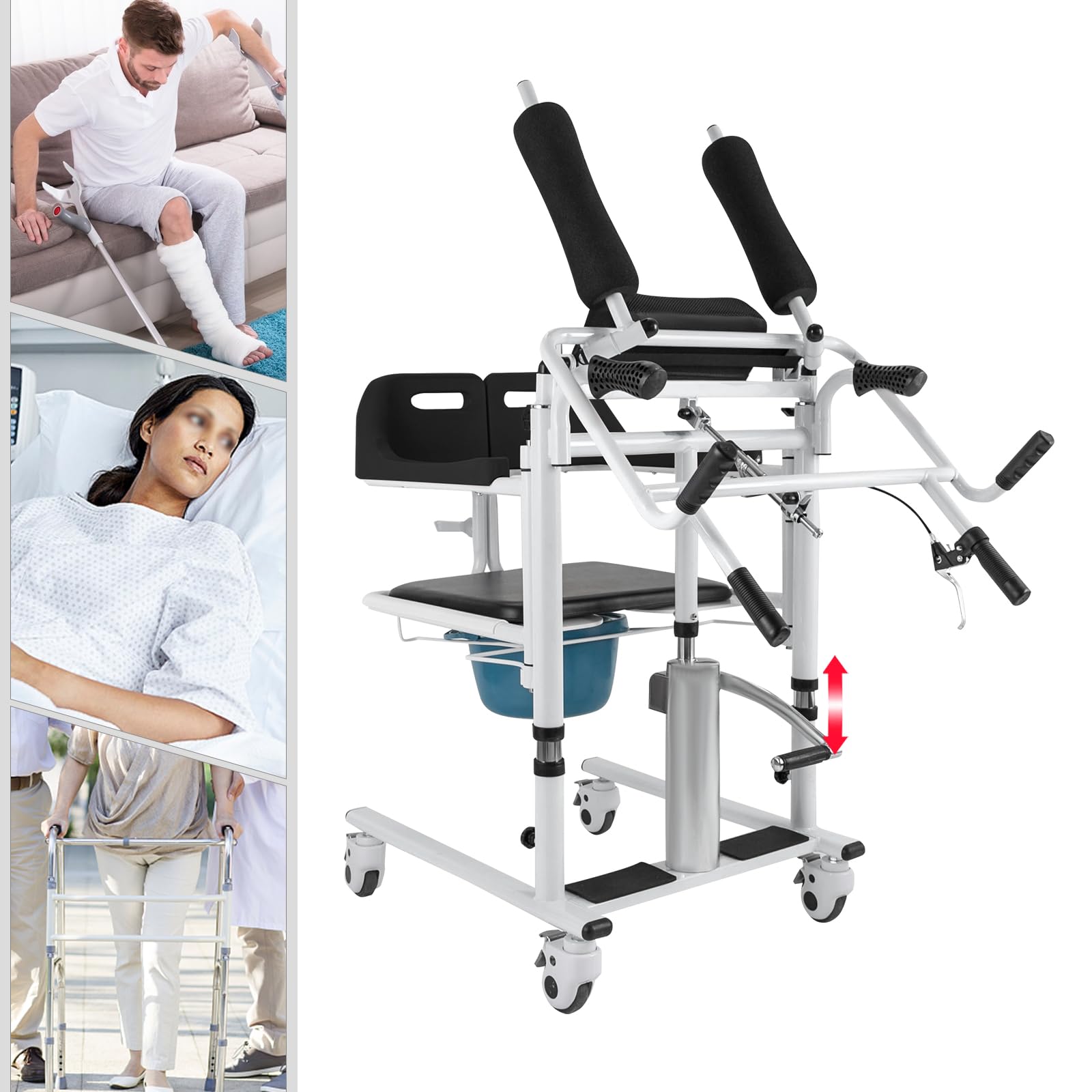 Elevador de pacientes hidráulico 180° divisado silla de transferencia, capacidad de carga 150 kg | Silla de ruedas ajustable en altura con silla de inodoro, capacidad de carga de 150 kg, para personas mayores
