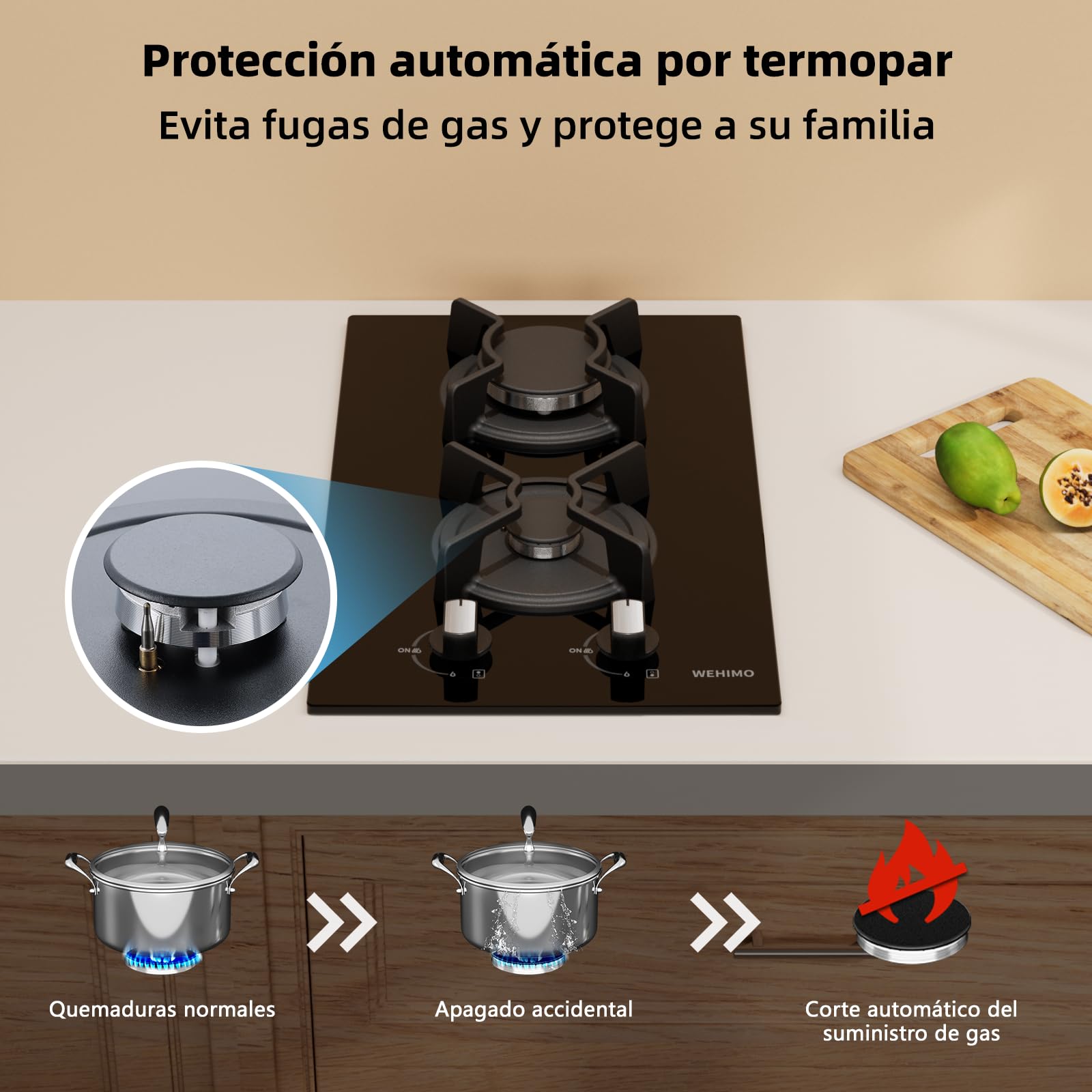 WEHIMO - Placa de cocina de gas de 2 fuegos, 2 fuegos empotrable, rejilla hierro fundido, 3700 W, gas ciudad y botella, cristal negro