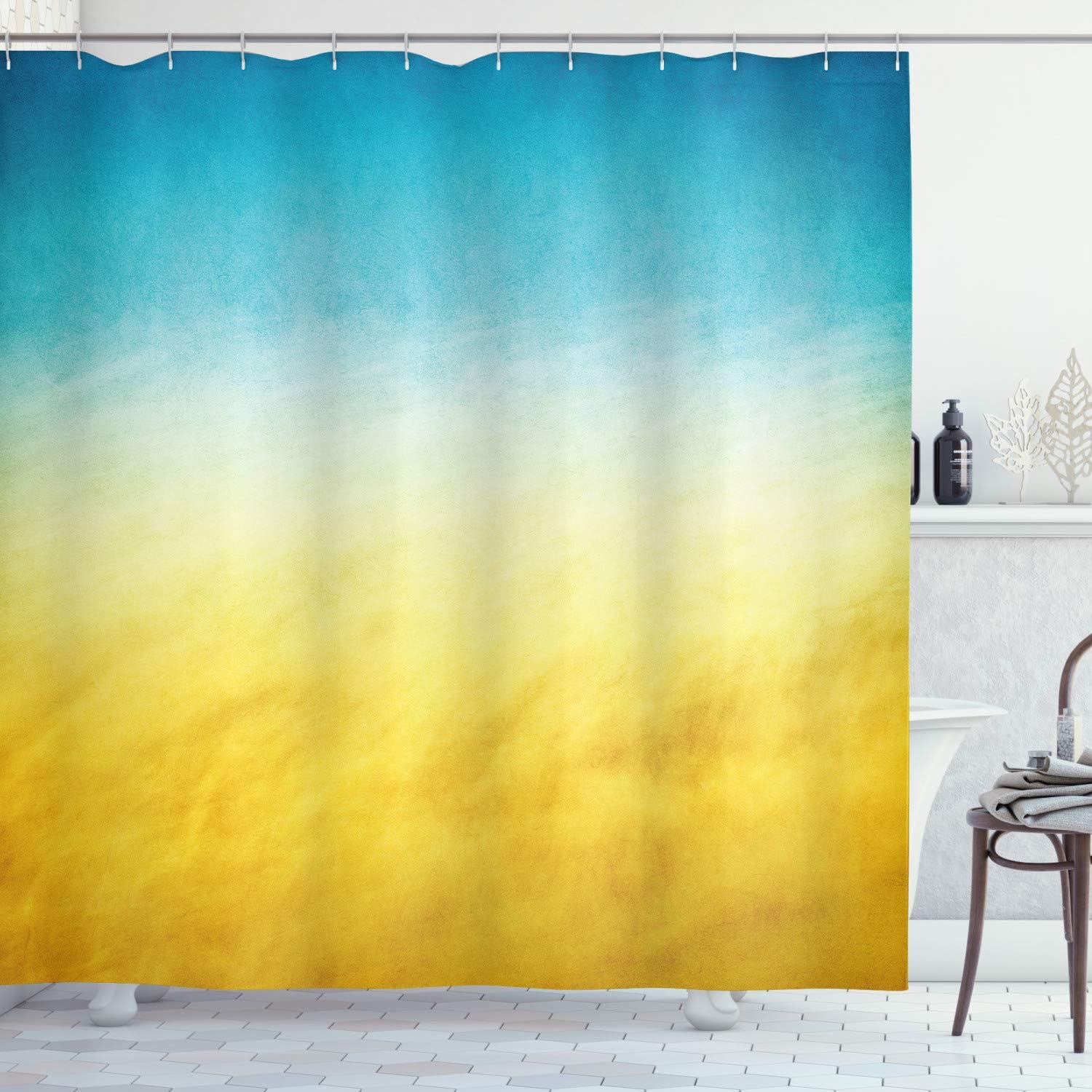 Ambesonne Yellow and Blue Shower Curtain, Surf Waves in The Ocean by The Beach an Exotic and Dreamy Gradient Toned Blurry Landscape, Fabric Bathroom Decor Set with Hooks, 69" W x 75" L, Blue Yellow