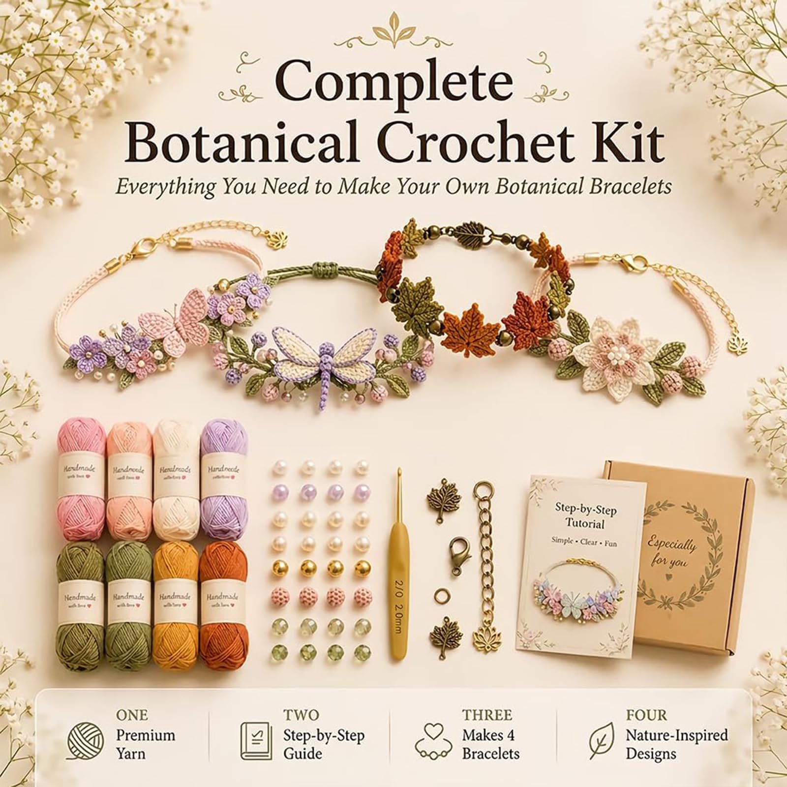 Kit de pulsera de ganchillo inspirada en la naturaleza – Juego de fabricación de pulseras botánicas con hilo, cuentas, perlas y gancho de ganchillo, manualidad creativa para principiantes (ALL)