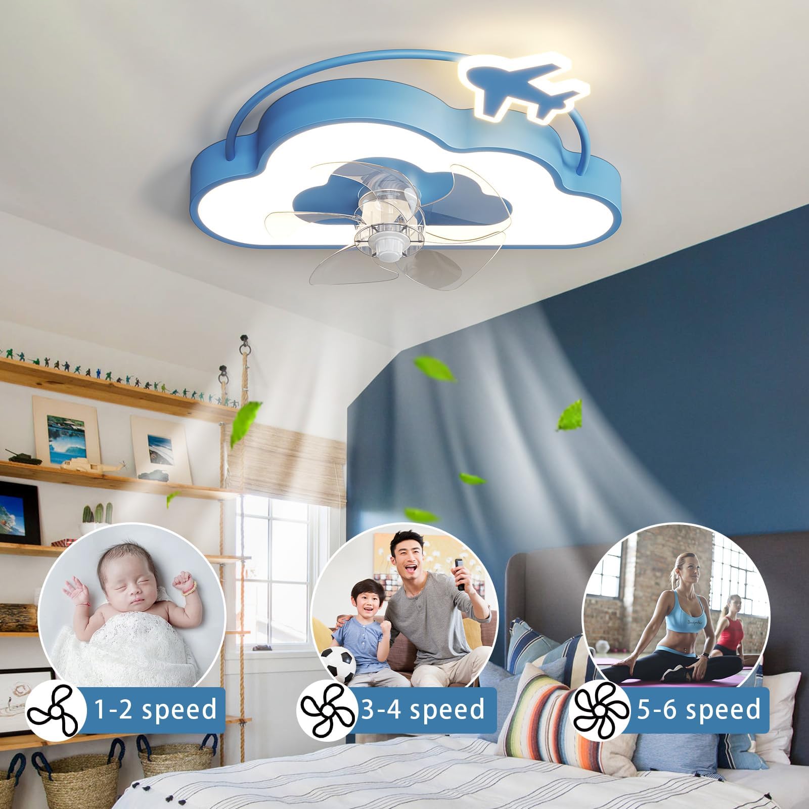 Wentylator sufitowy LED Light， Dziecięcy wentylator sufitowy z lampą w kształcie gwiazdy, ściemnialny, sterowanie za pomocą pilota, 6-biegowy timer, niebieski, 18,7 cala