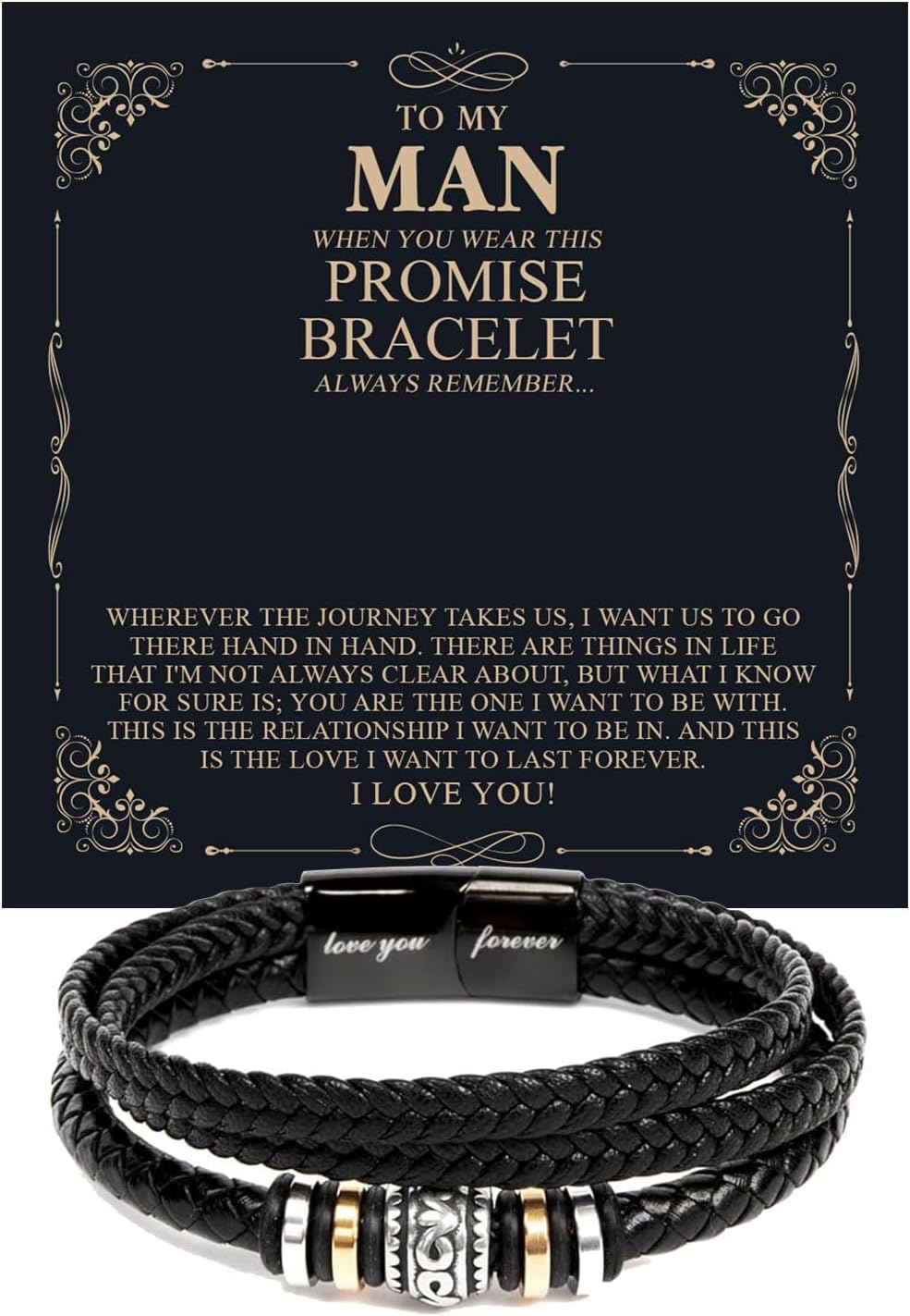 To My Man Promise Bracelet – Leather Cross Bracelet for Him – Romantic Gift for Boyfriend Husband – Anniversary, Birthday, Valentine’s Day Gift – Love Message Card Jewelry for Men