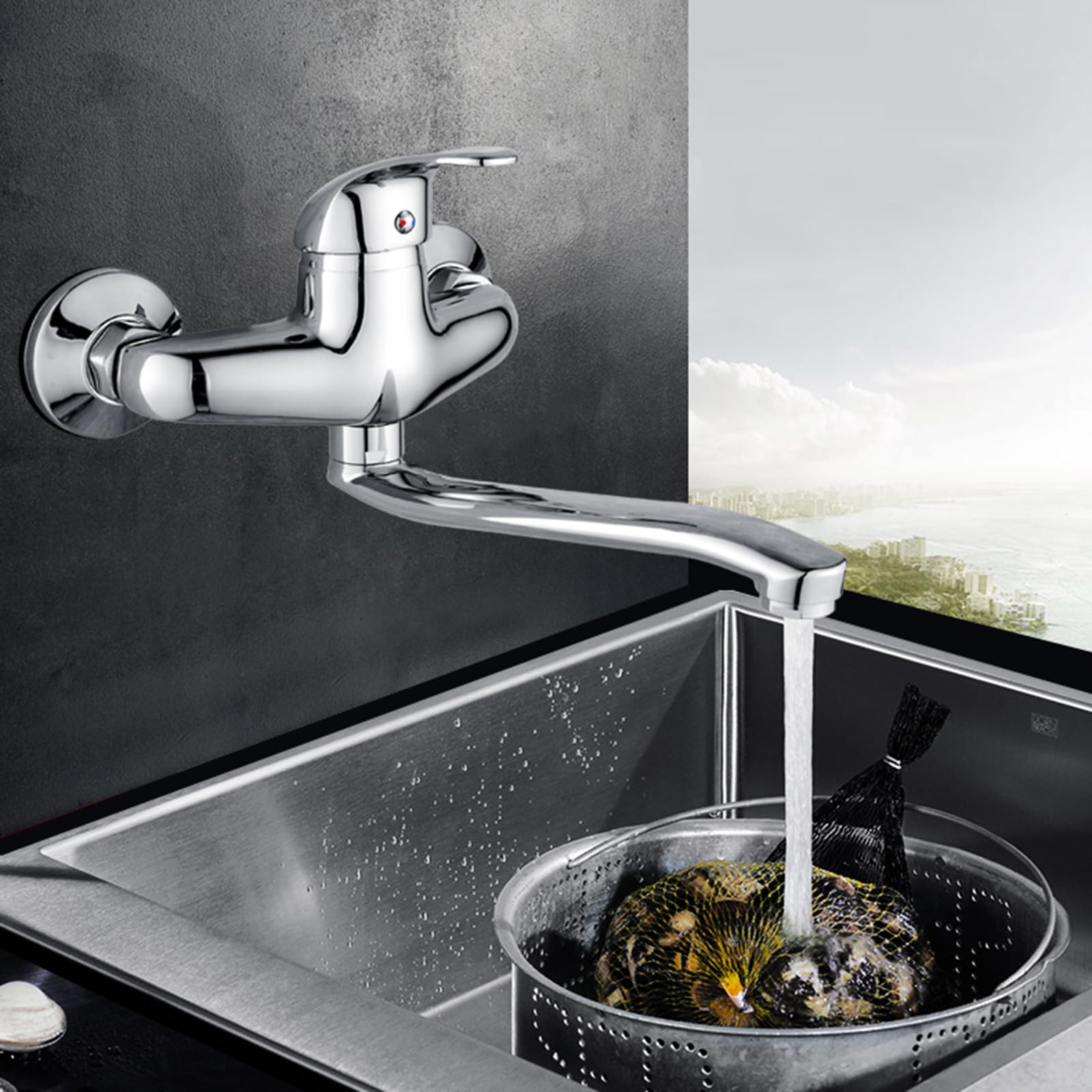 Rubinetto da Cucina a Parete a Doppio Foro, Cromato, 27,8 cm, Design Moderno di Alta qualità, Struttura in Ottone Resistente, Perfetto per Uso Domestico e Commerciale.