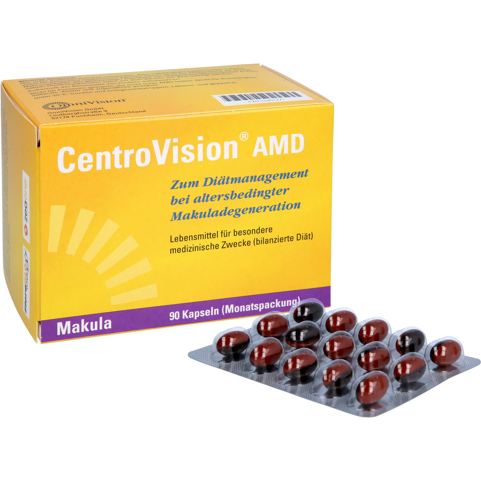 CentroVision AMD – Lebensmittel für besondere medizinische Zwecke zum Diätmanagement bei intermediärer und fortgeschrittener altersbedingter Makuladegeneration, laktose- & glutenfrei, 90 St.