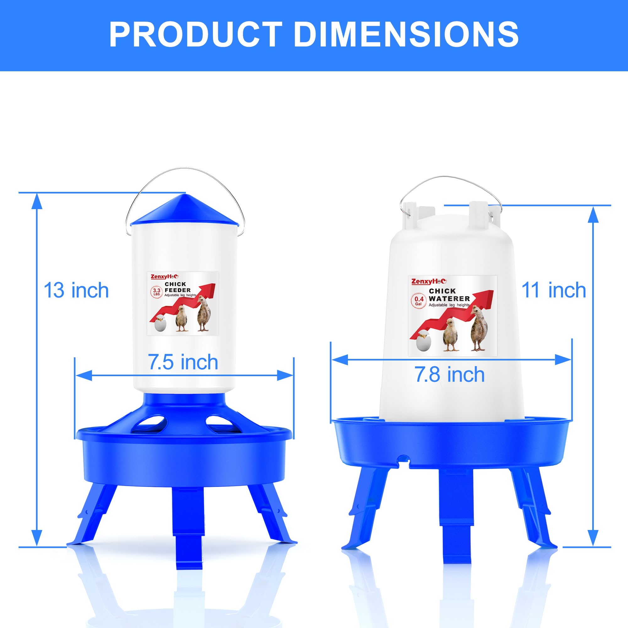 ZenxyHoC Set di cibo e abbeveratoio per pulcini, con mangiatoia da 1,5 l e abbeveratoio da 1,5 l per riempire la parte superiore, con pala e 3 gambe regolabili in altezza, blu