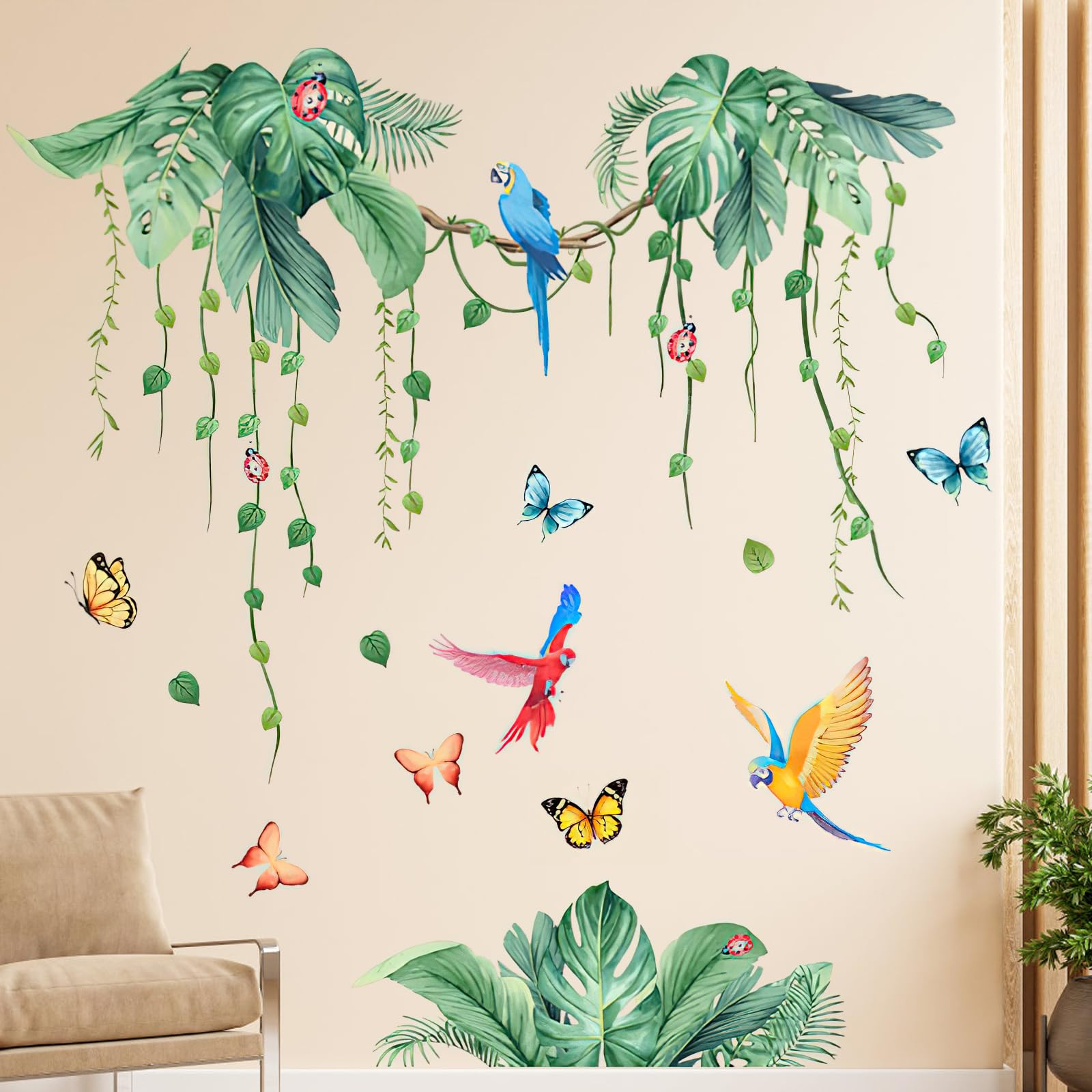 wondever Adesivi Murali Fiori Rami Grande Sticker da Muro Fiore Blu Vite Appesa Acquerello Adesivi da Parete per Soggiorno Camera da Letto Ufficio