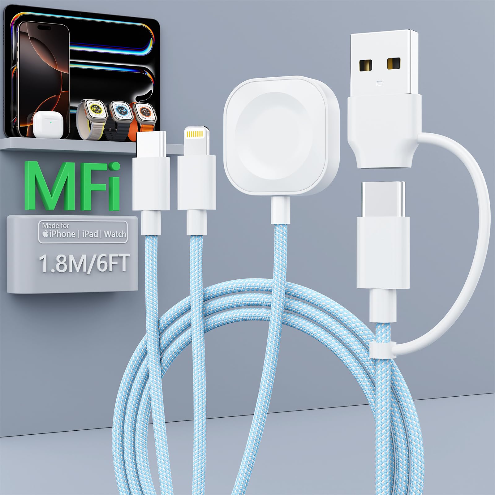 3 in 2 Magnetic Charging Cable for Apple Watch & iPhone Fast Charging,Wireless Multi Charger Cable for All Devices Travel Essentials for Apple iPhone Android and iWatch Ultra iPad, AirPods (6FT/1.8M)
