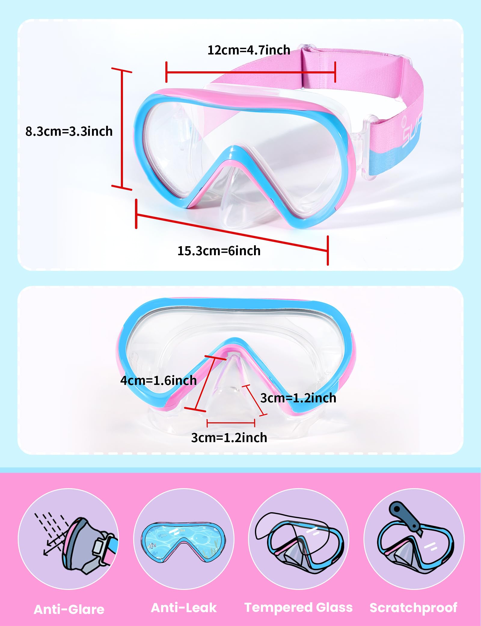 Supertrip Gafas de natación para niños con Cubierta de Nariz para niños de 6 a 14 años,Correa de Tela de Vidrio Templado,máscara de esnórquel para chicos y niñas,Piscina y Playa
