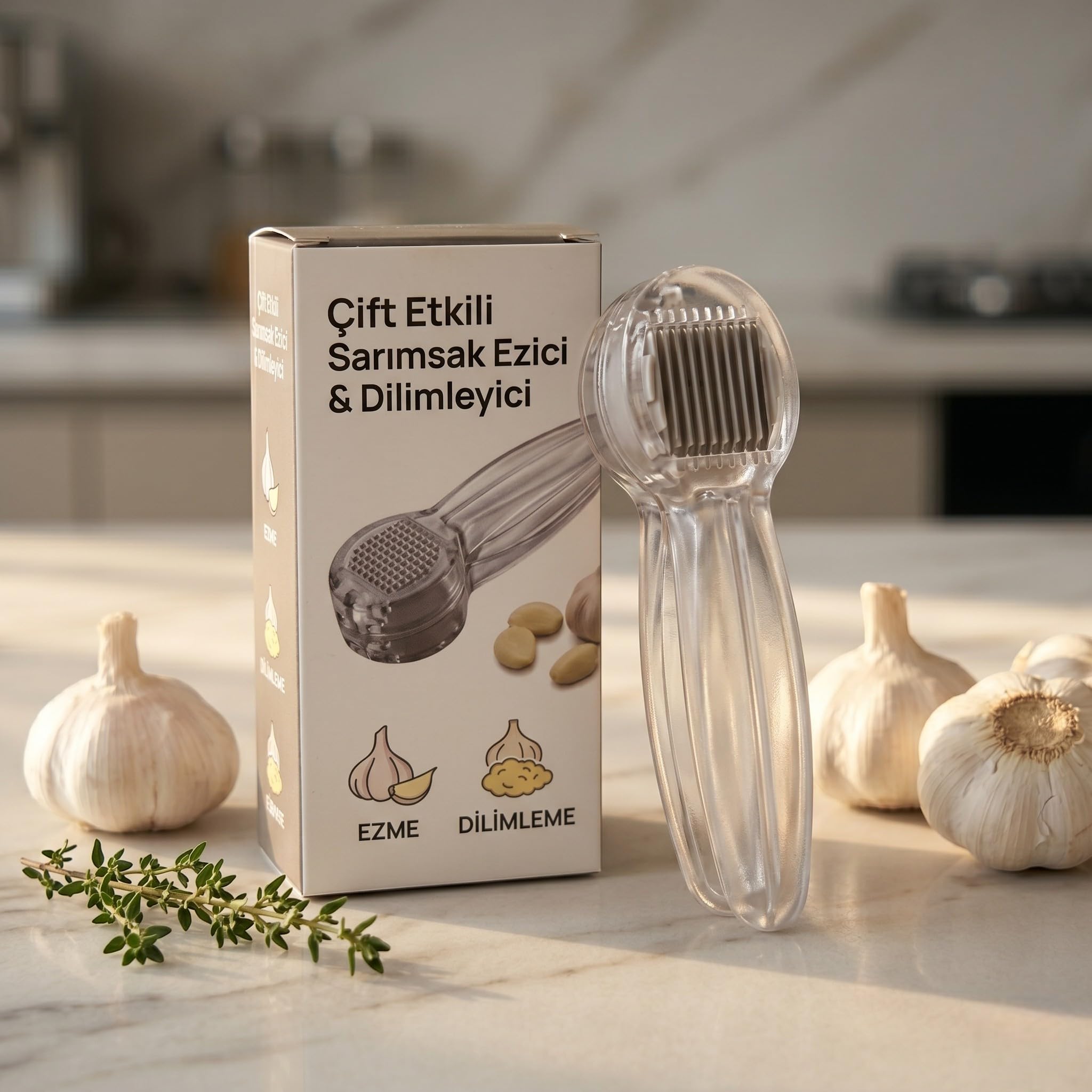 Çift Taraflı Sarımsak Ezici ve Dilimleyici, 2'si 1 Arada Kompakt Tasarım, Şeffaf
