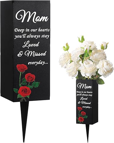 Geosar Jarrones de cementerio de mamá para tumba, cementerio de metal, jarrón de flores conmemorativas con pinchos para mamá, decoraciones florales