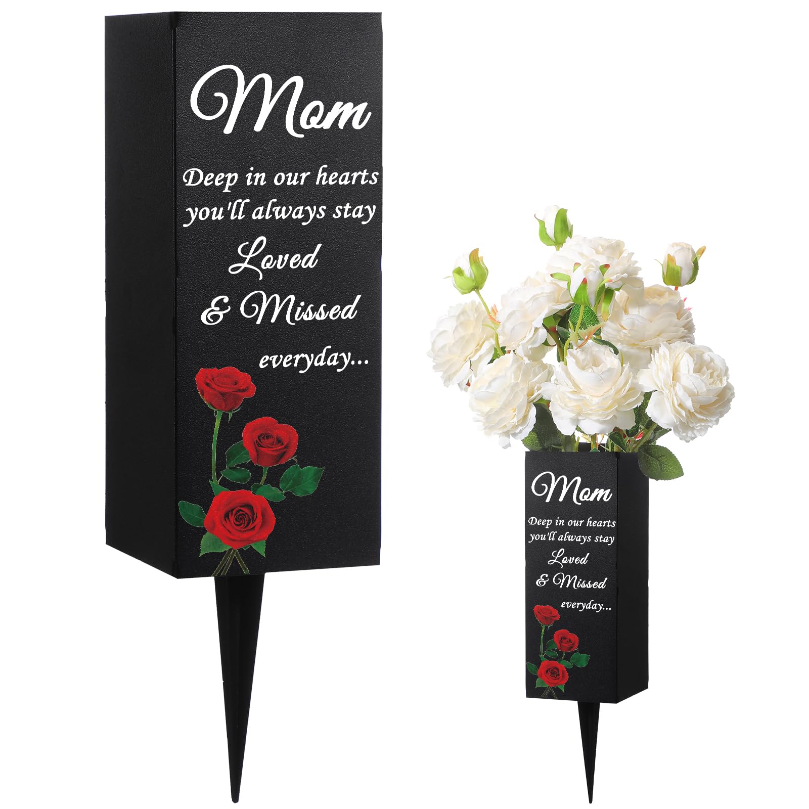 Geosar Mom Cemetery Vases for Grave Metal Cemetery Grave Flower Vase Memorial Flower Holder with Spike Mom Floral Graveyard Decorations for Burial