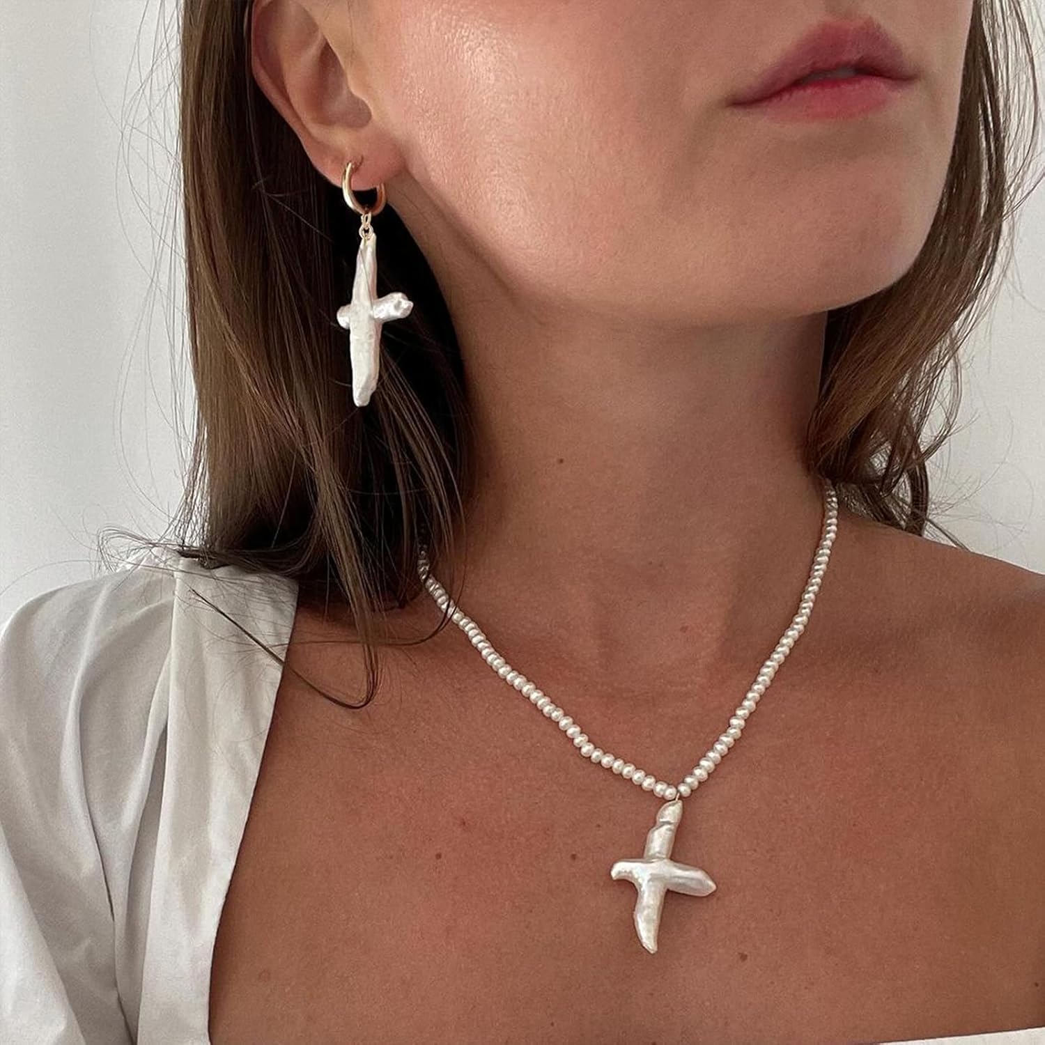 Pearl Cross Earrings for Women Freshwater Baroque Real Pearl Cross Earrings Gold Christian Gift