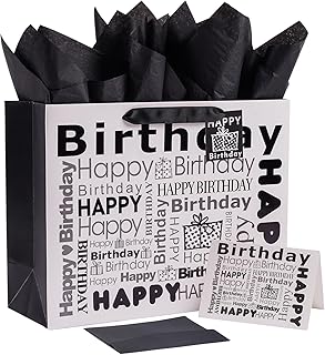 Elephant-package White and Black Large Gift Bag with Tissue Paper, Happy Bithday Gift Bag for Men Women Birthday - 12.6