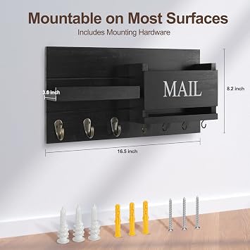 Lwenki Mail Organizer for Wall Mount Key Holder with Shelf Includes Letter Holder and Hooks for Hallway Farmhouse Decor Rustic Wood with Flush Mounting Hardware (16.5 x 9.1 x 3.4) (Black)