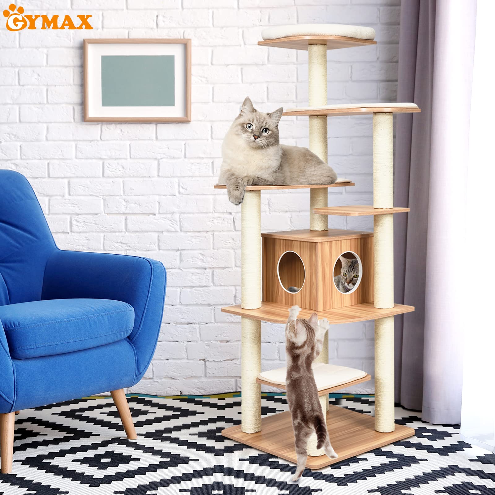 GYMAX Tiragraffi per Gatti, 86,5 x 86,5 x 176 cm, Carico 15 kg, Tronchi in Sisal, Cuscino Rimovibile Lavabile, Ideale per Gatti Grandi Adulti (Beige)