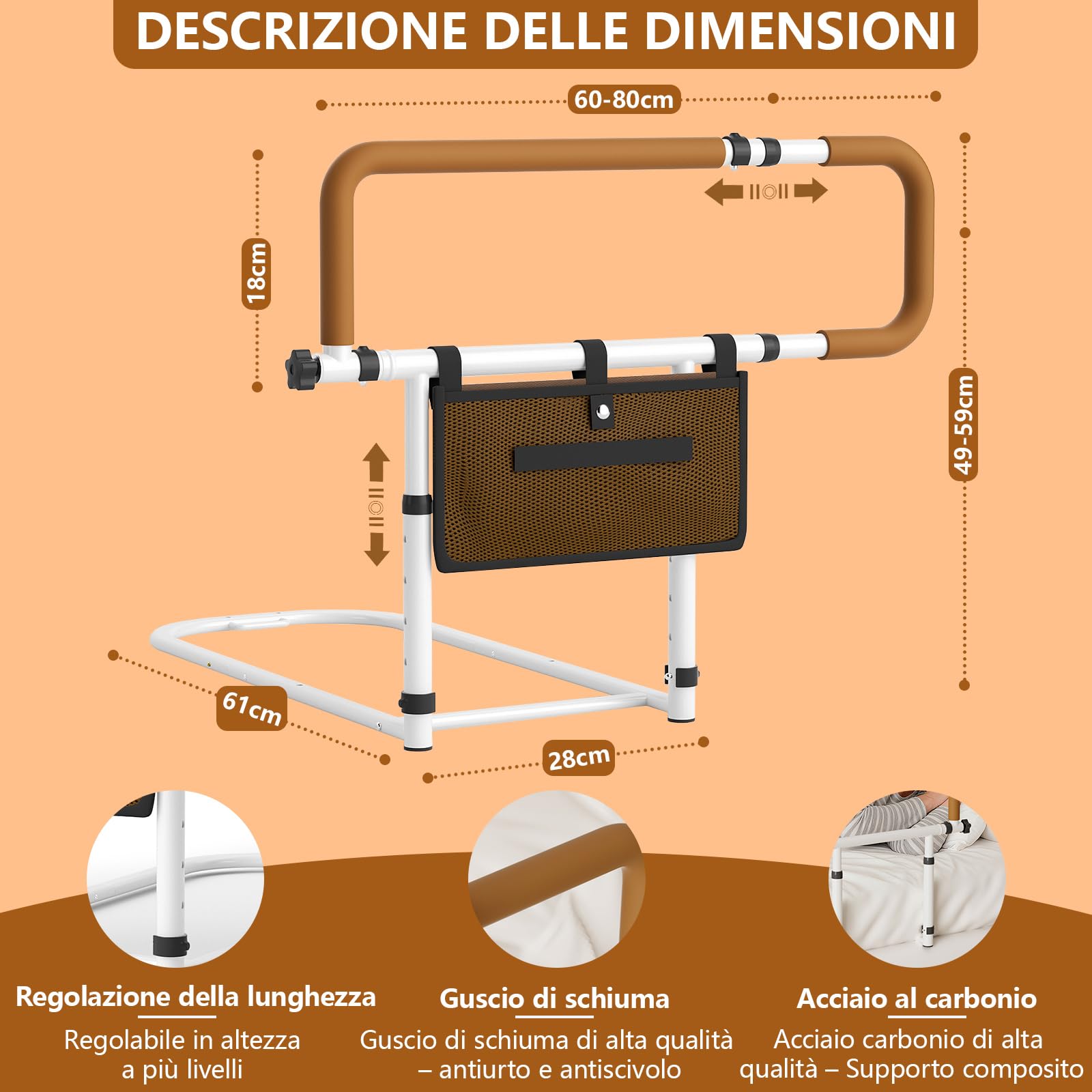 Sponda Letto Anziani Anticaduta - Ausili per Alzarsi Dal Letto piegabile a 180°, Regolabile in Altezza e Larghezza con Sacchetto di Rientro, per Anziani, Incinte e Disabili