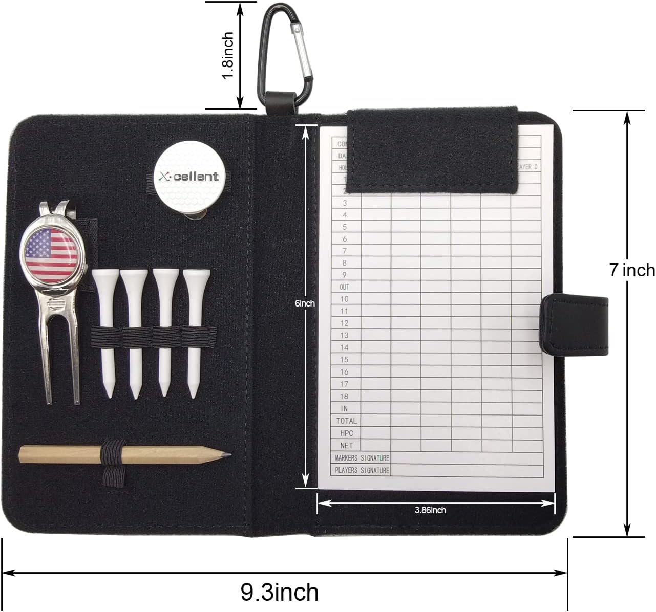Leather Golf Scorecard Holder Yardage Book,Golf Scorecard Book with Divot Repair Tool, Ball Marker Hat Clip, Golf Tees, Pencil, Scorecard,Golf Gifts for Golfers,Golf Accessories for Men&Women