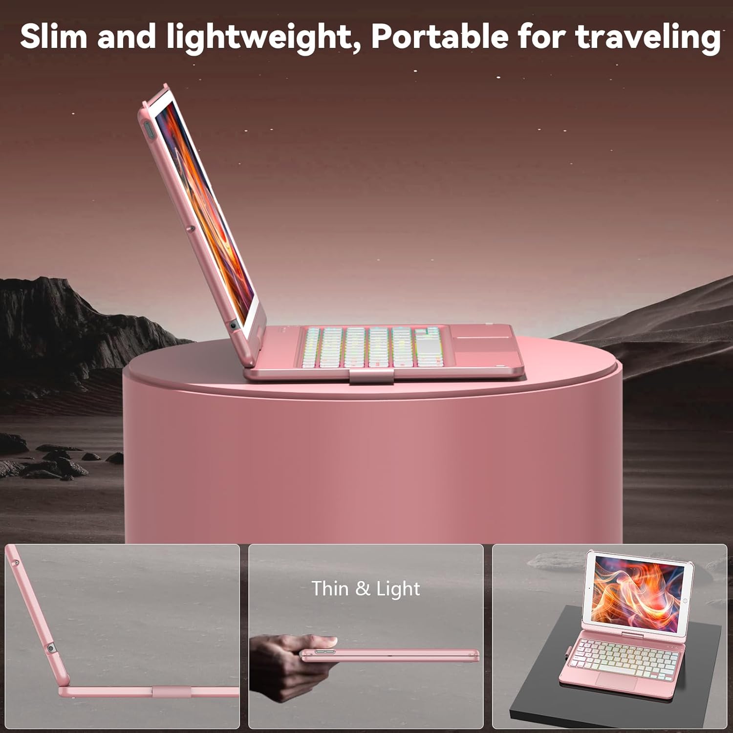 HOTLIFE Case with Keyboard for iPad 10.2,Touch Trackpad Keyboard Case for iPad 9th Generation/8th/7th Gen, 10 Corlor Backlit - 360° Rotatable Protective Cover with Pencil Holder (Rose Gold)