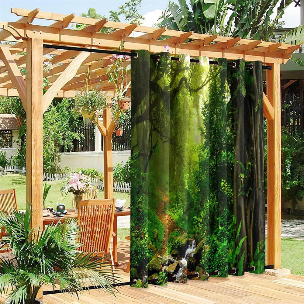 Hixingo Outdoor Curtains Waterproof Windproof, Gazebo Curtains with Grommet (Top & Bottom) for Pergola Patio Garden, Sun Protection, Extra Long - 3D Plant Print (rainforest,132x182cm) — image 1