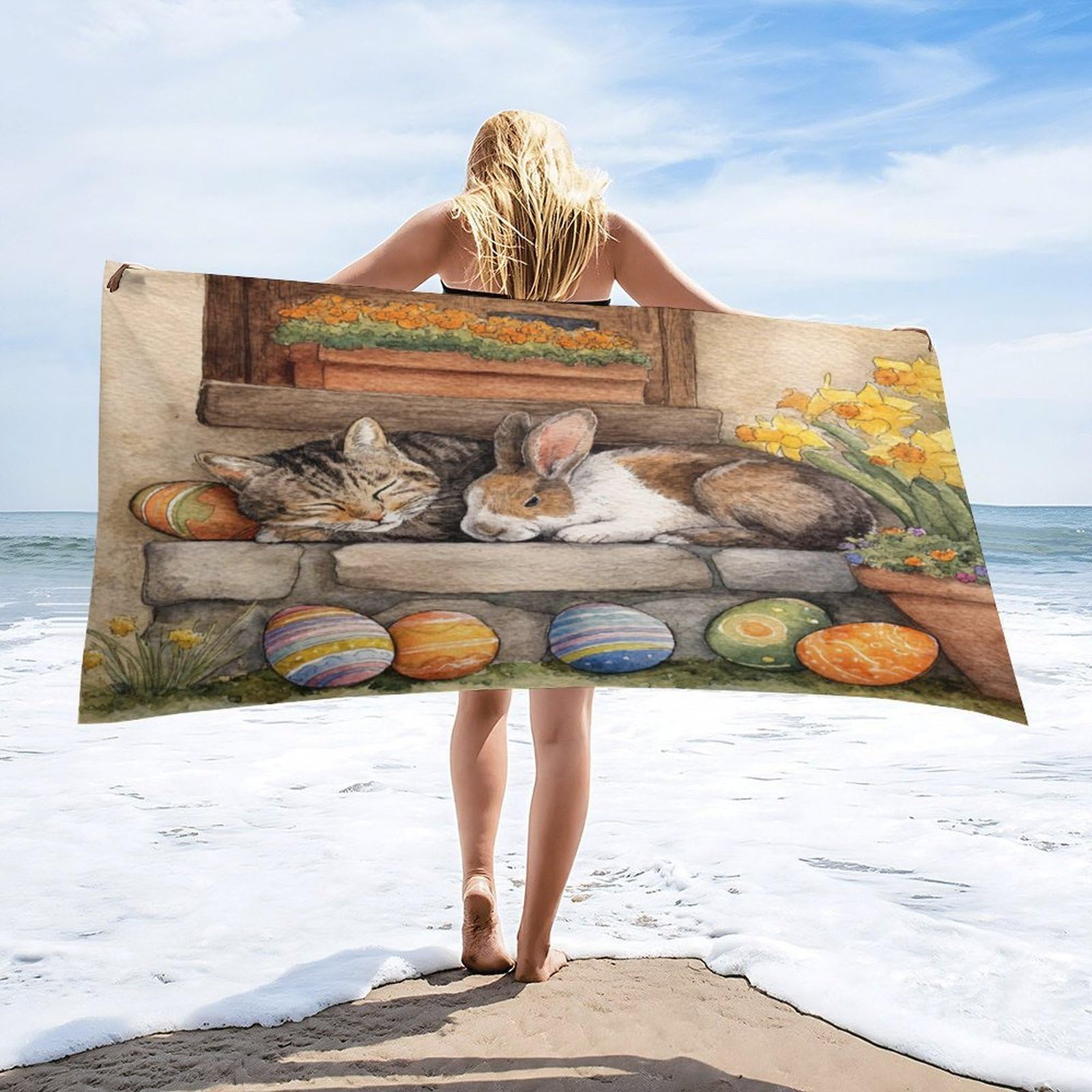 Luyysky Vintage Realistic Kitten Bunny Absorbent Beach Towel, Mid Century Colorful Easter Eggs Floral Animal Rabbit Cat Outdoor Single-Sided Velvet Beach Towel-80 W Cm X 160" L Cm